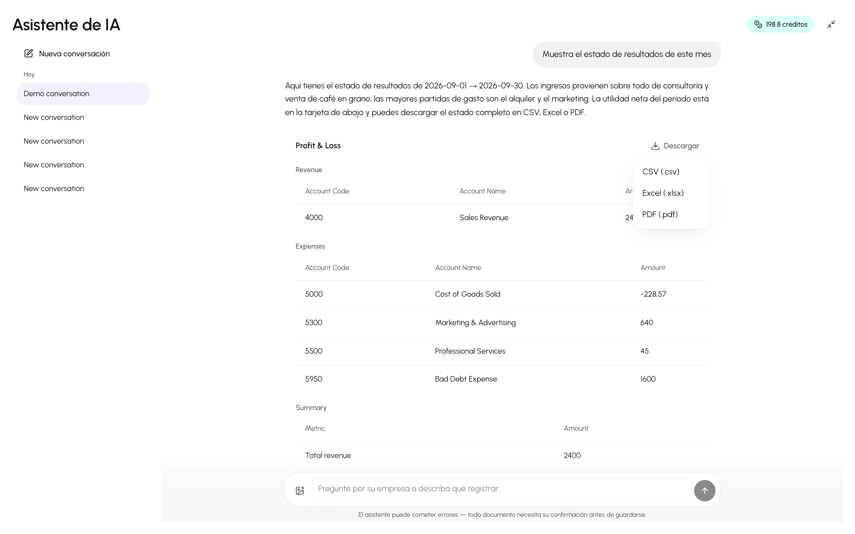 El menú Descargar abierto en una tarjeta de informe con las opciones CSV, Excel y PDF