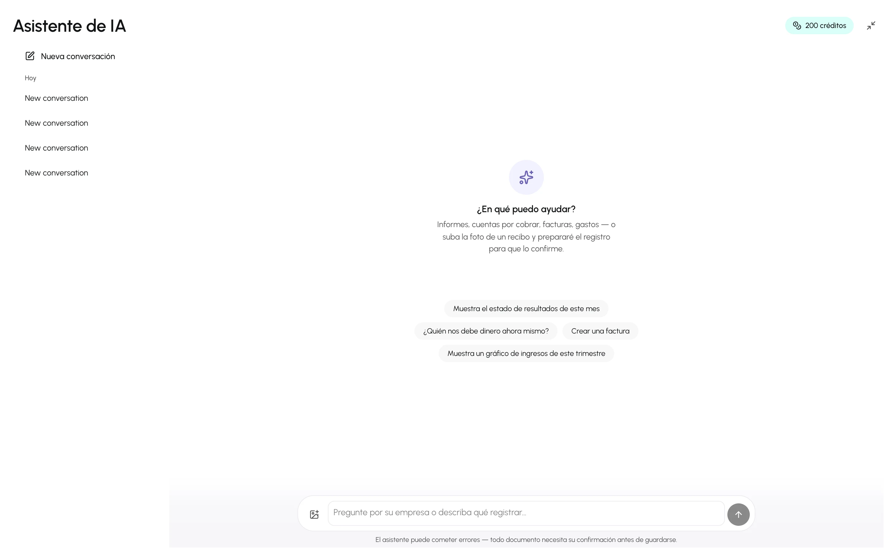 La página del Asistente de IA con preguntas sugeridas, el panel de conversaciones y el cuadro de redacción