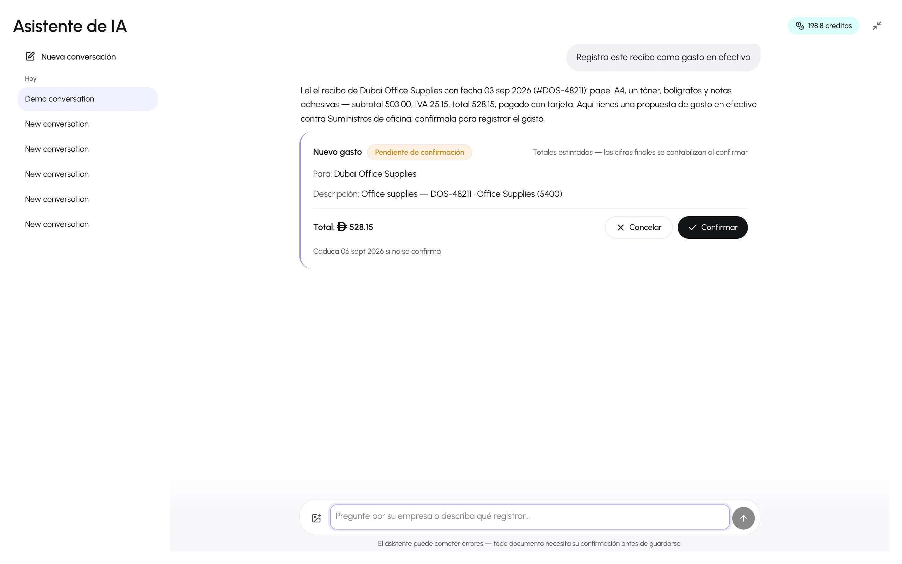 El cuadro de redacción con la imagen de un recibo adjunta y la propuesta del asistente