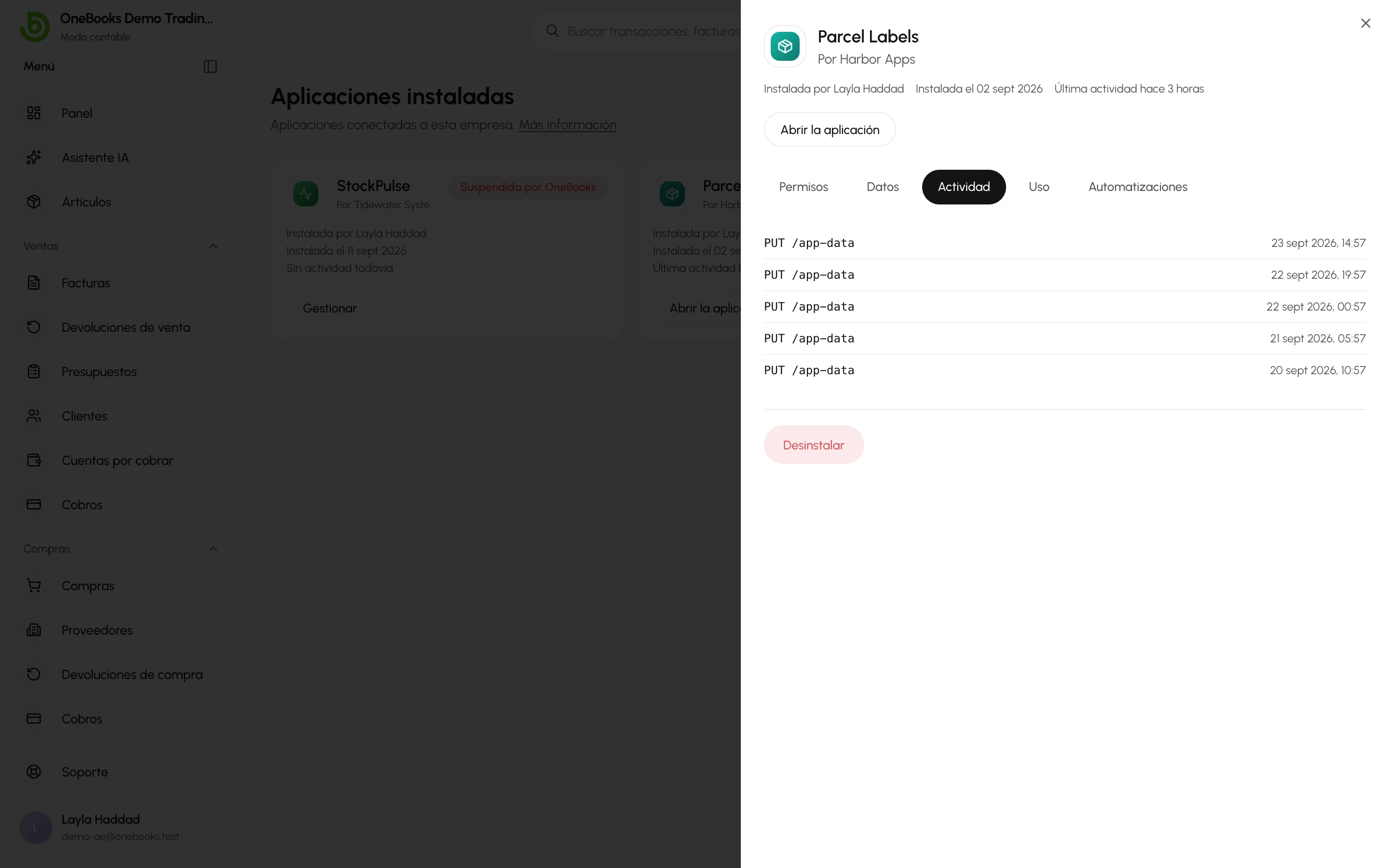 La pestaña Actividad muestra cada cambio que hizo la aplicación, con la fecha y la hora