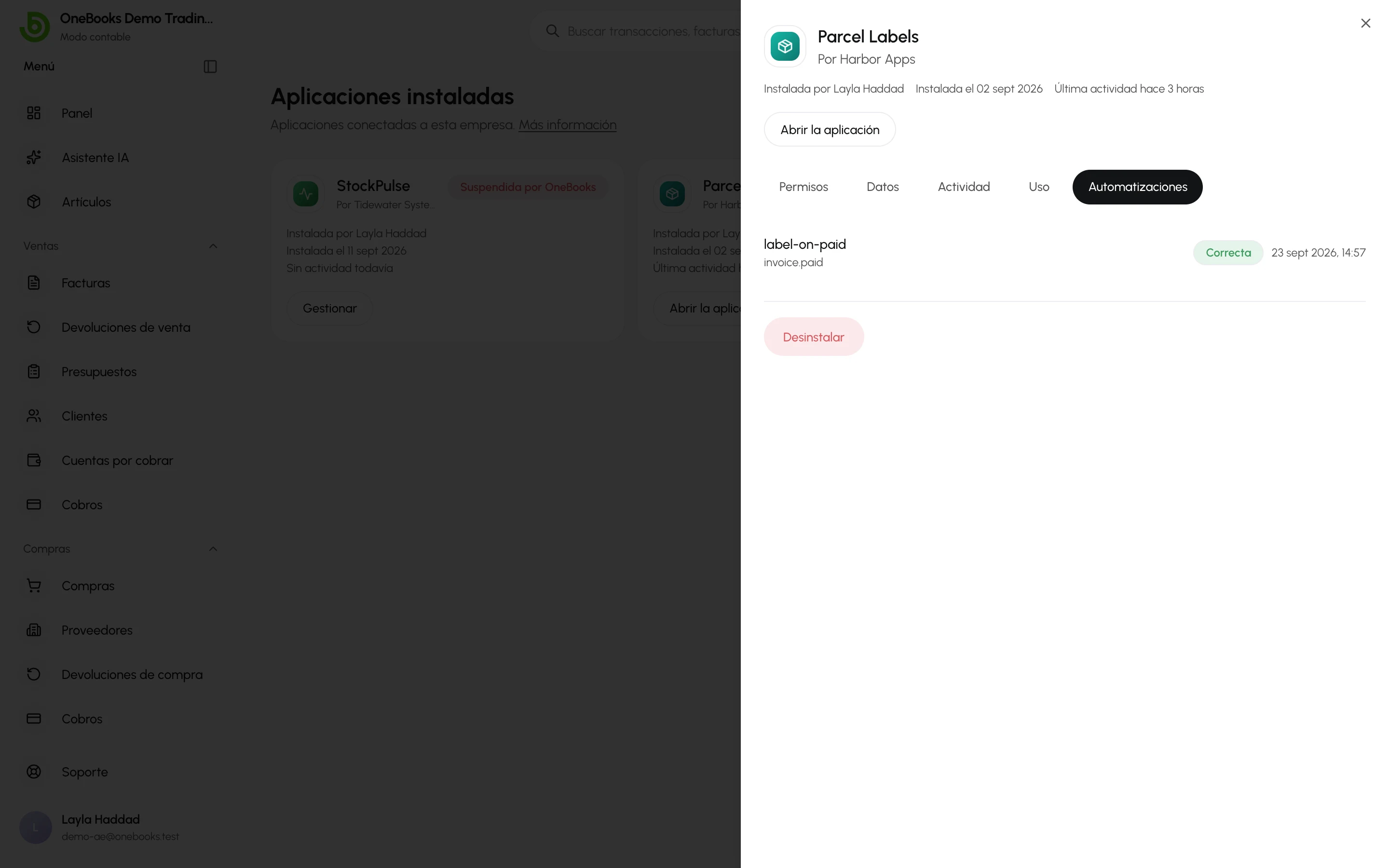 La pestaña Automatizaciones con una ejecución iniciada por invoice.paid, marcada como Correcta