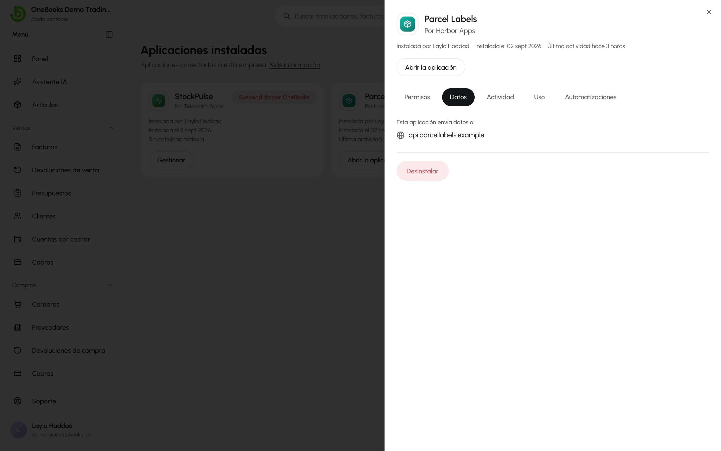La pestaña Datos con el destino externo al que las automatizaciones de la aplicación pueden enviar datos