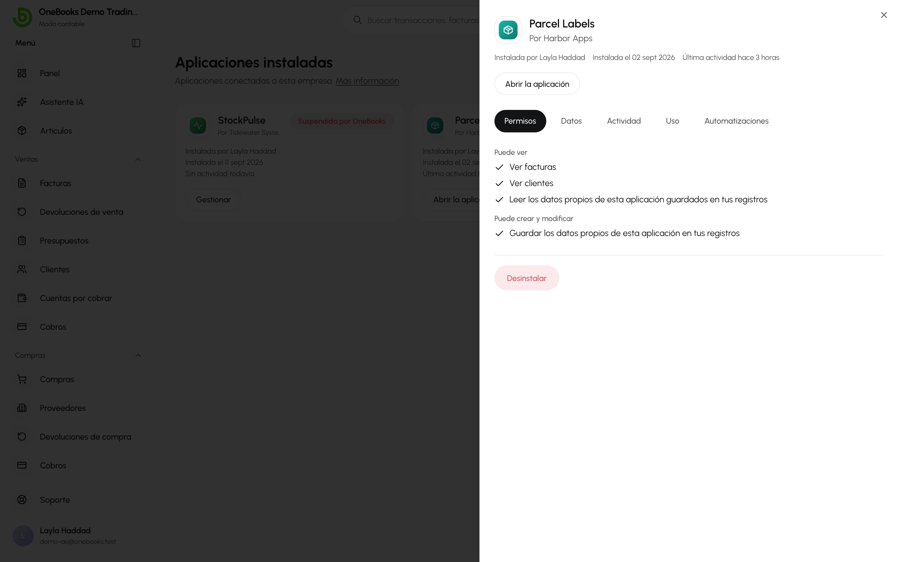 El panel de gestión de una aplicación en la pestaña Permisos, con Abrir la aplicación y Desinstalar