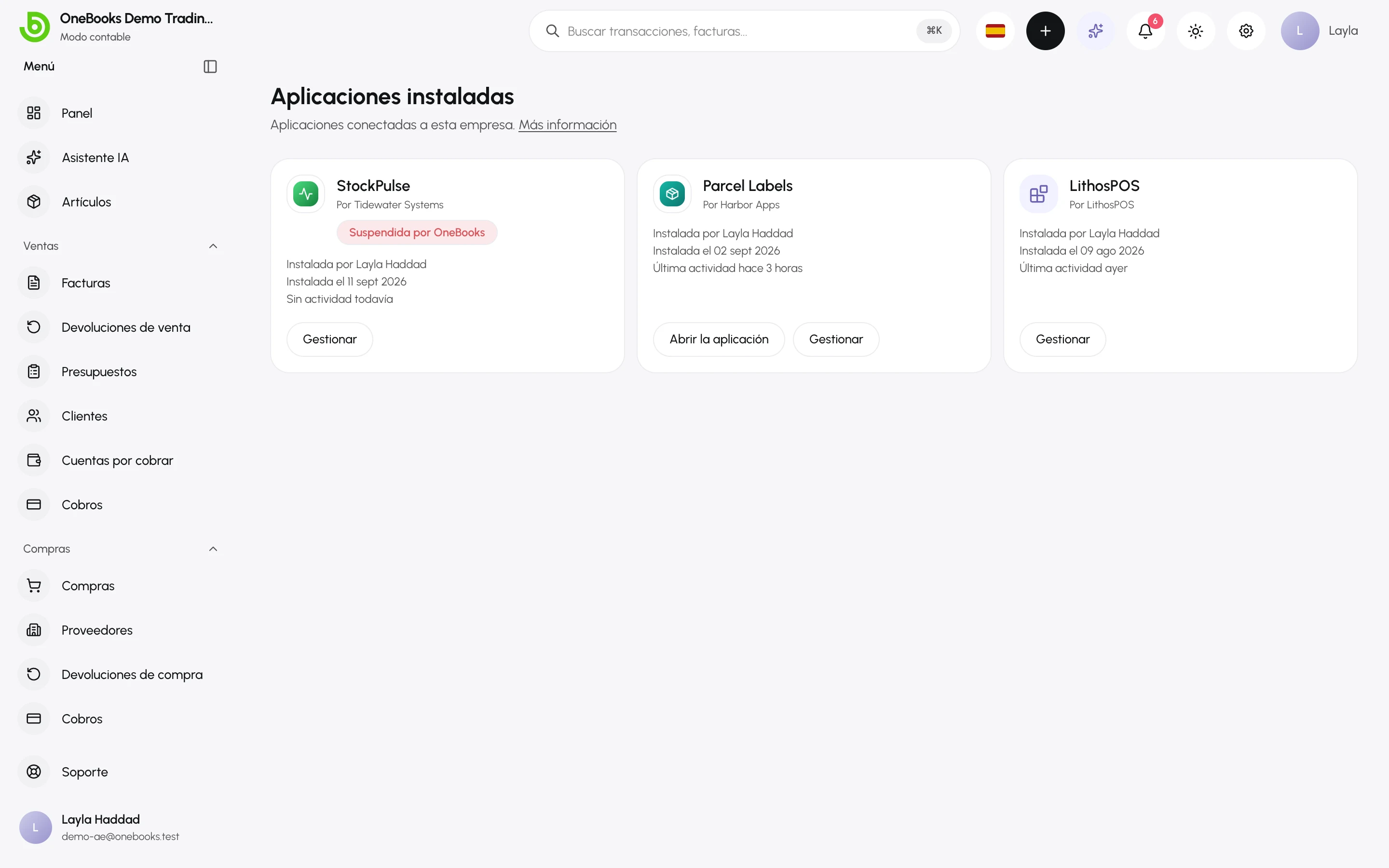 Aplicaciones instaladas: tres tarjetas con quién instaló cada aplicación, cuándo y su última actividad; una marcada como Suspendida por OneBooks