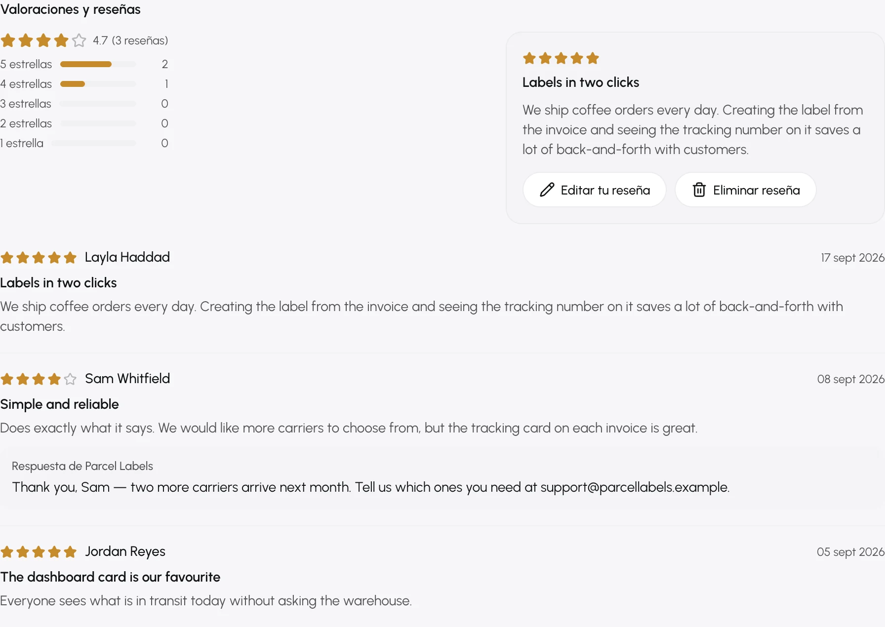 Valoraciones y reseñas: el resumen de la valoración, la reseña de tu negocio con Editar tu reseña y Eliminar reseña, y una respuesta del desarrollador