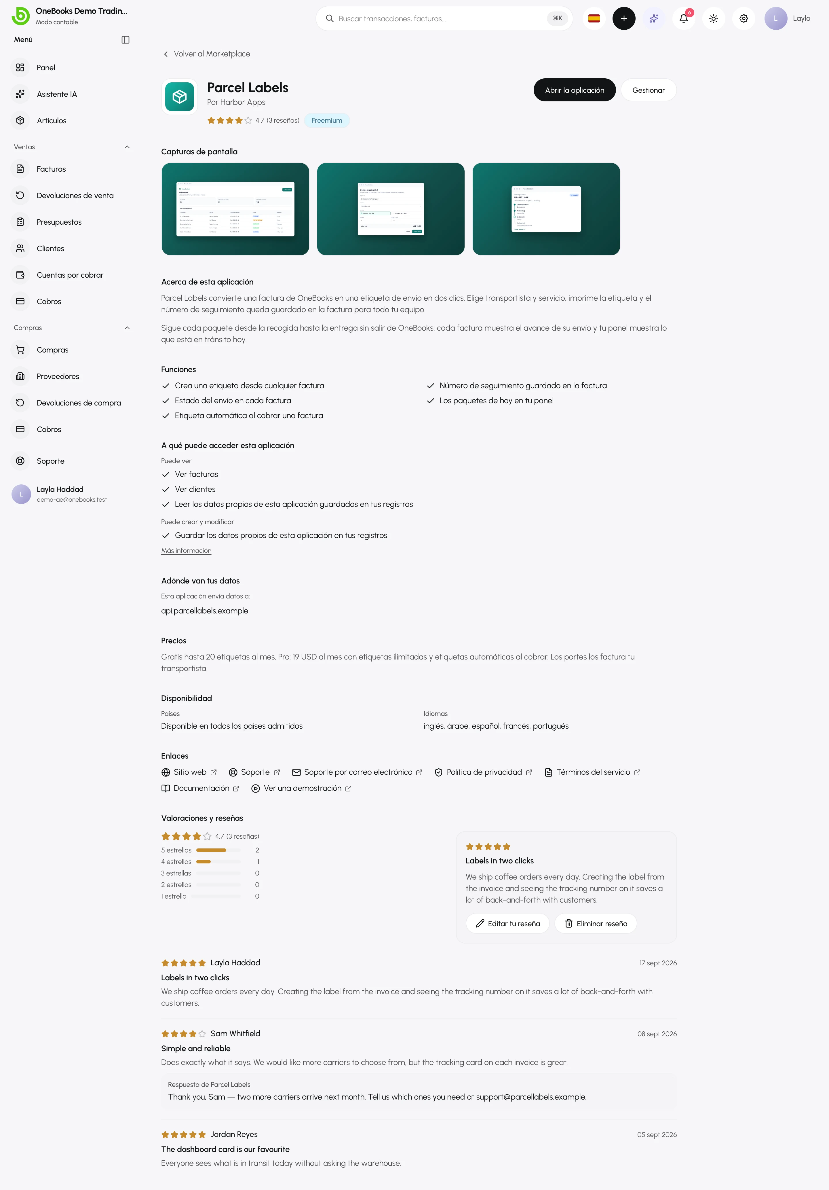 La ficha de una aplicación instalada: Abrir la aplicación y Gestionar, capturas, Acerca de esta aplicación, Funciones, permisos, adónde van los datos, precios, disponibilidad, enlaces y reseñas