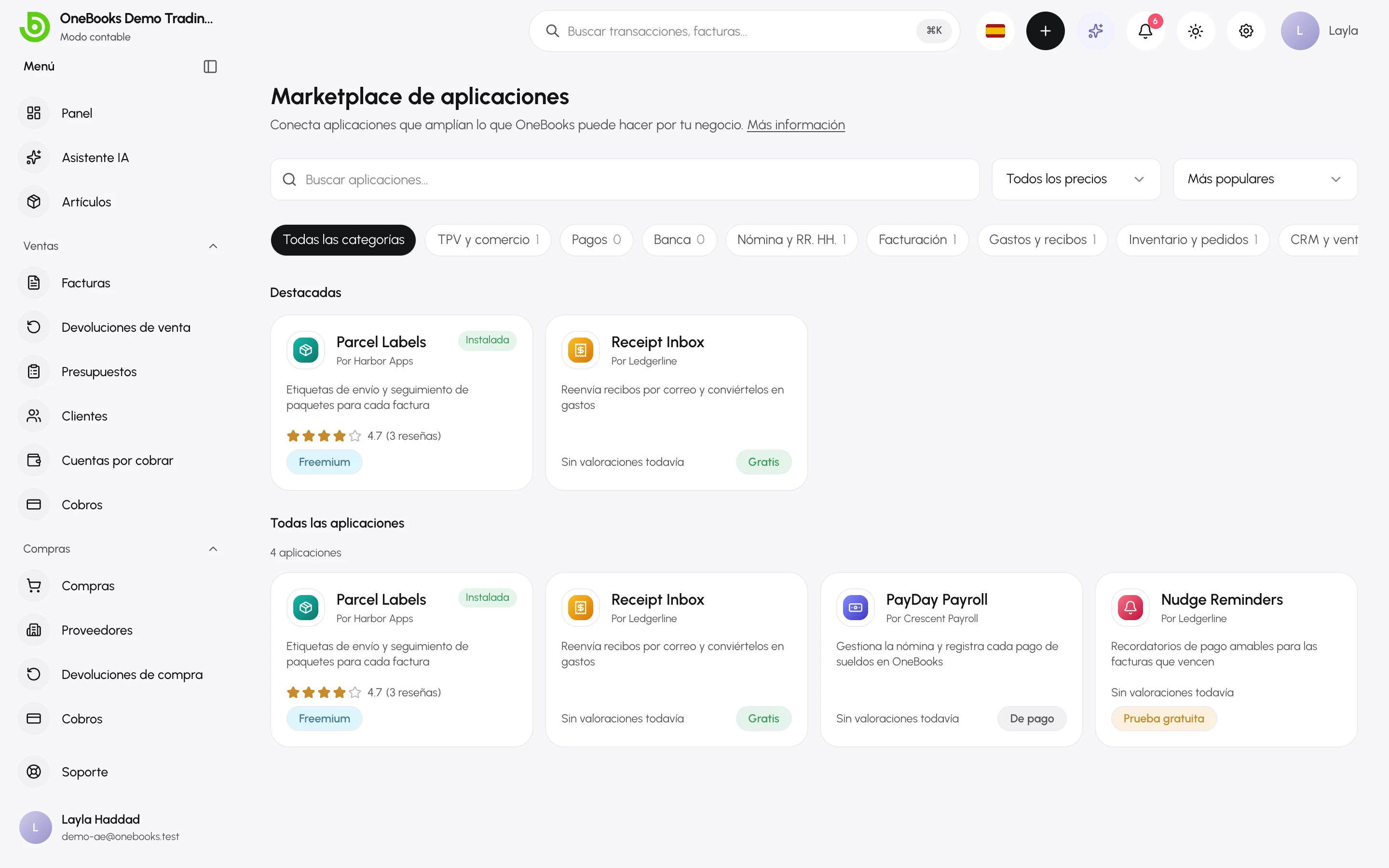 El Marketplace de aplicaciones con la búsqueda, los filtros de precio y orden, las categorías, la fila Destacadas y todas las aplicaciones