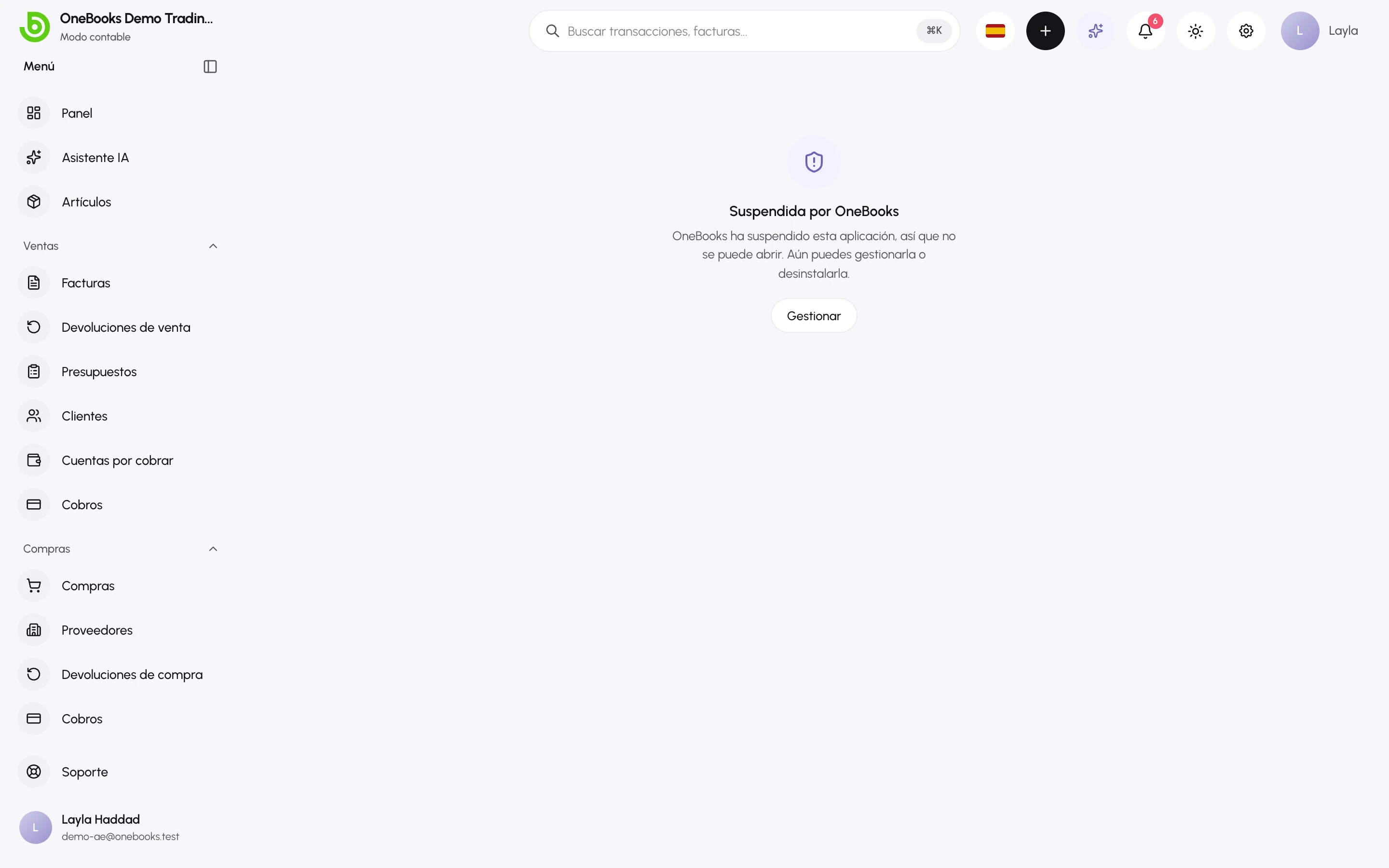 La página de una aplicación suspendida: Suspendida por OneBooks, con Gestionar