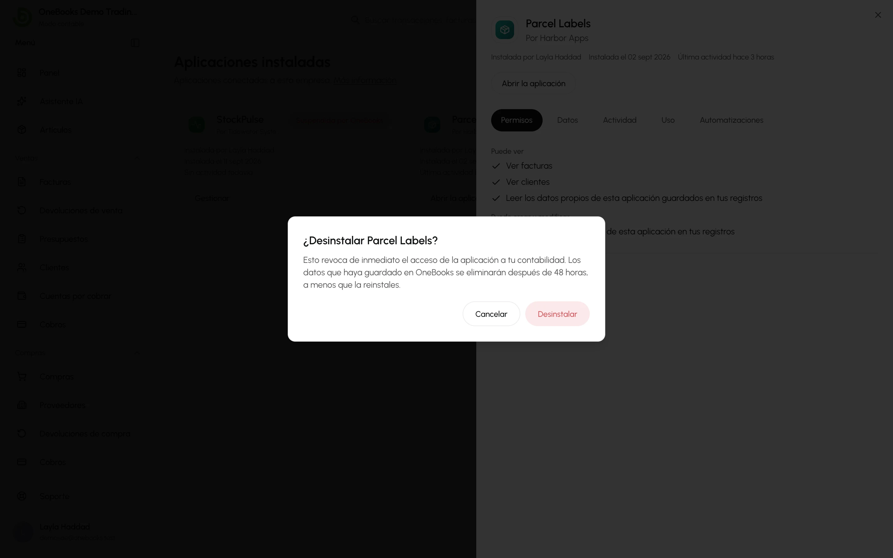 La confirmación antes de desinstalar Parcel Labels, con Cancelar y Desinstalar