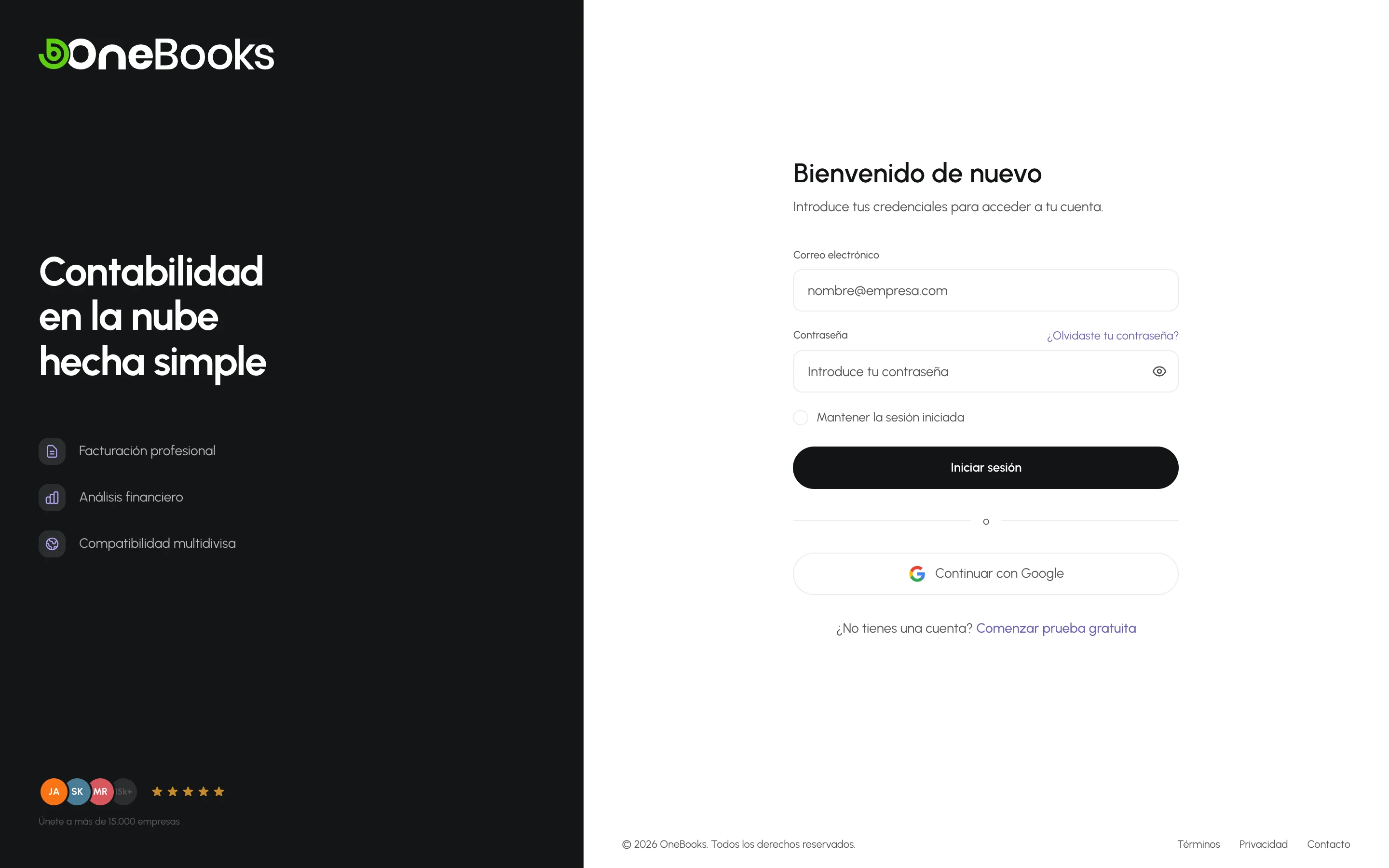 La página de inicio de sesión de OneBooks con correo electrónico, contraseña y Continuar con Google
