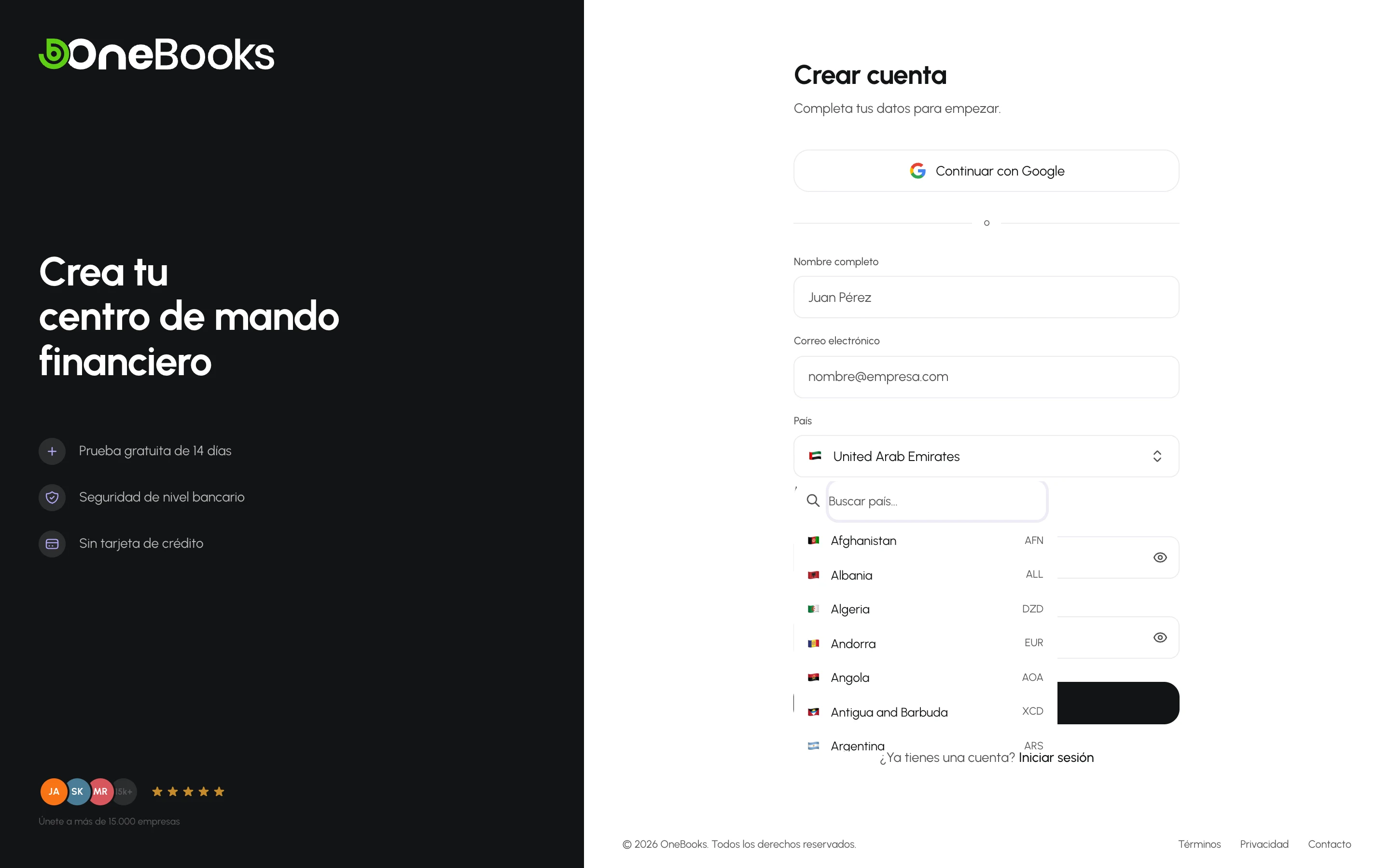 La lista de países abierta en el formulario de registro, con un cuadro de búsqueda y banderas