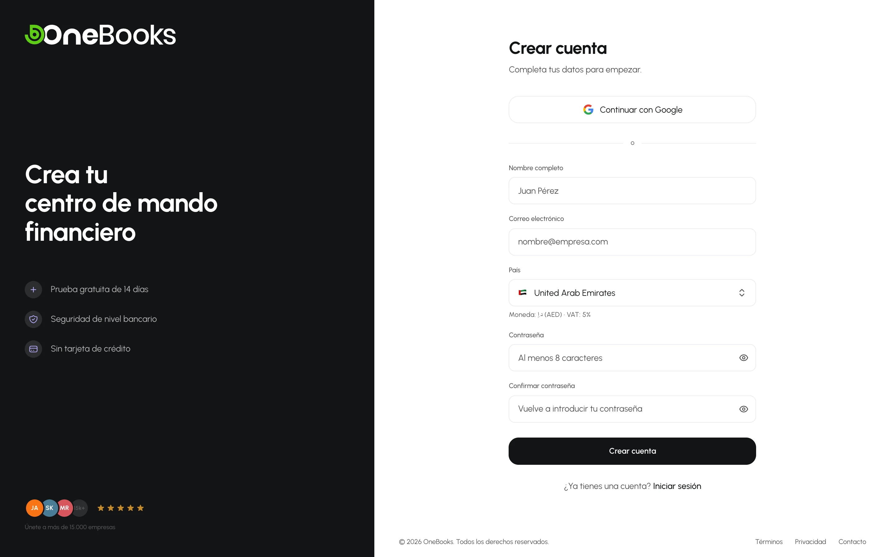 El formulario de registro de OneBooks con los campos de nombre, correo electrónico, contraseña y país