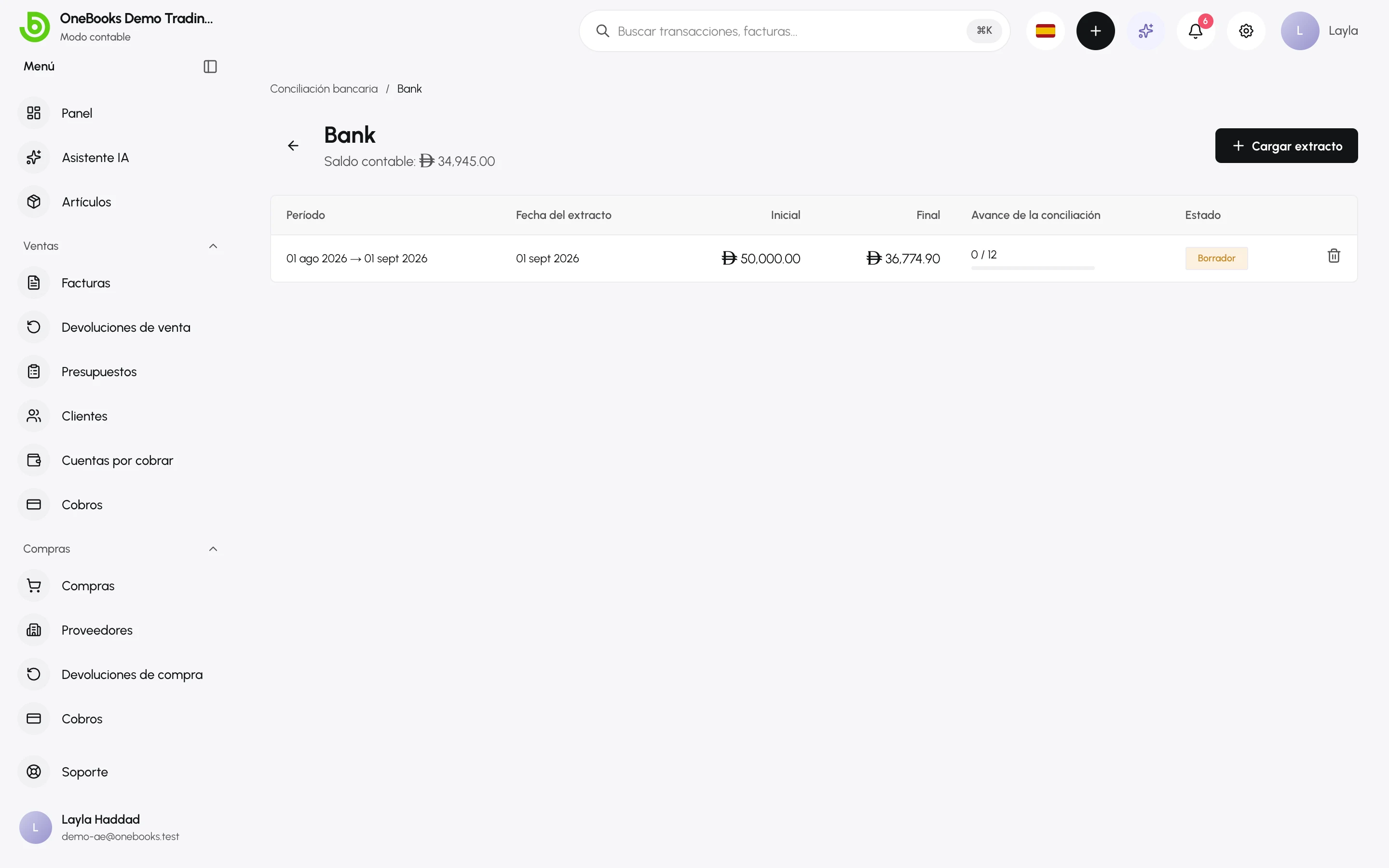 La lista de extractos de una cuenta bancaria con extractos en borrador y conciliados
