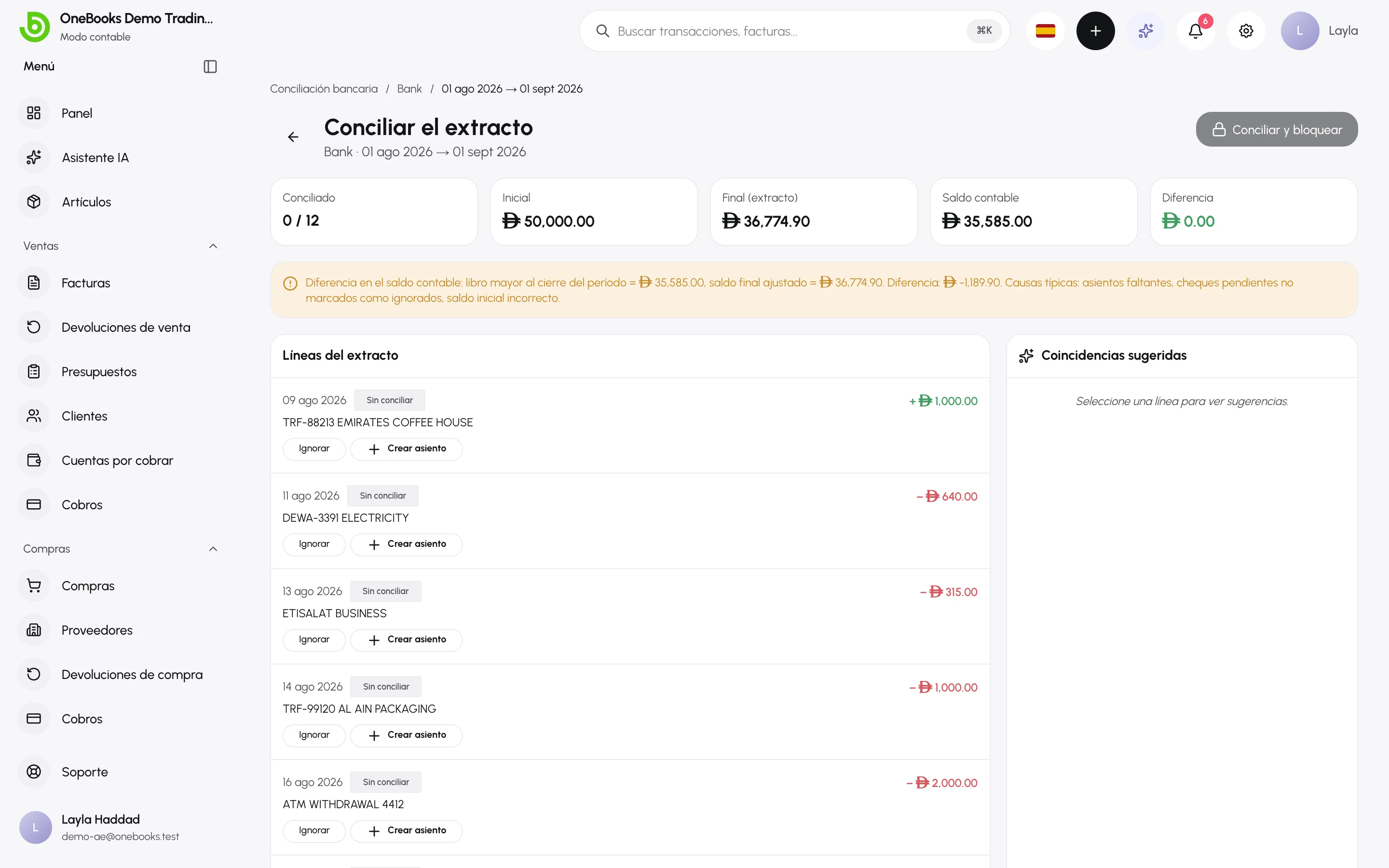 Un extracto con las líneas bancarias, las coincidencias sugeridas y el total conciliado acumulado