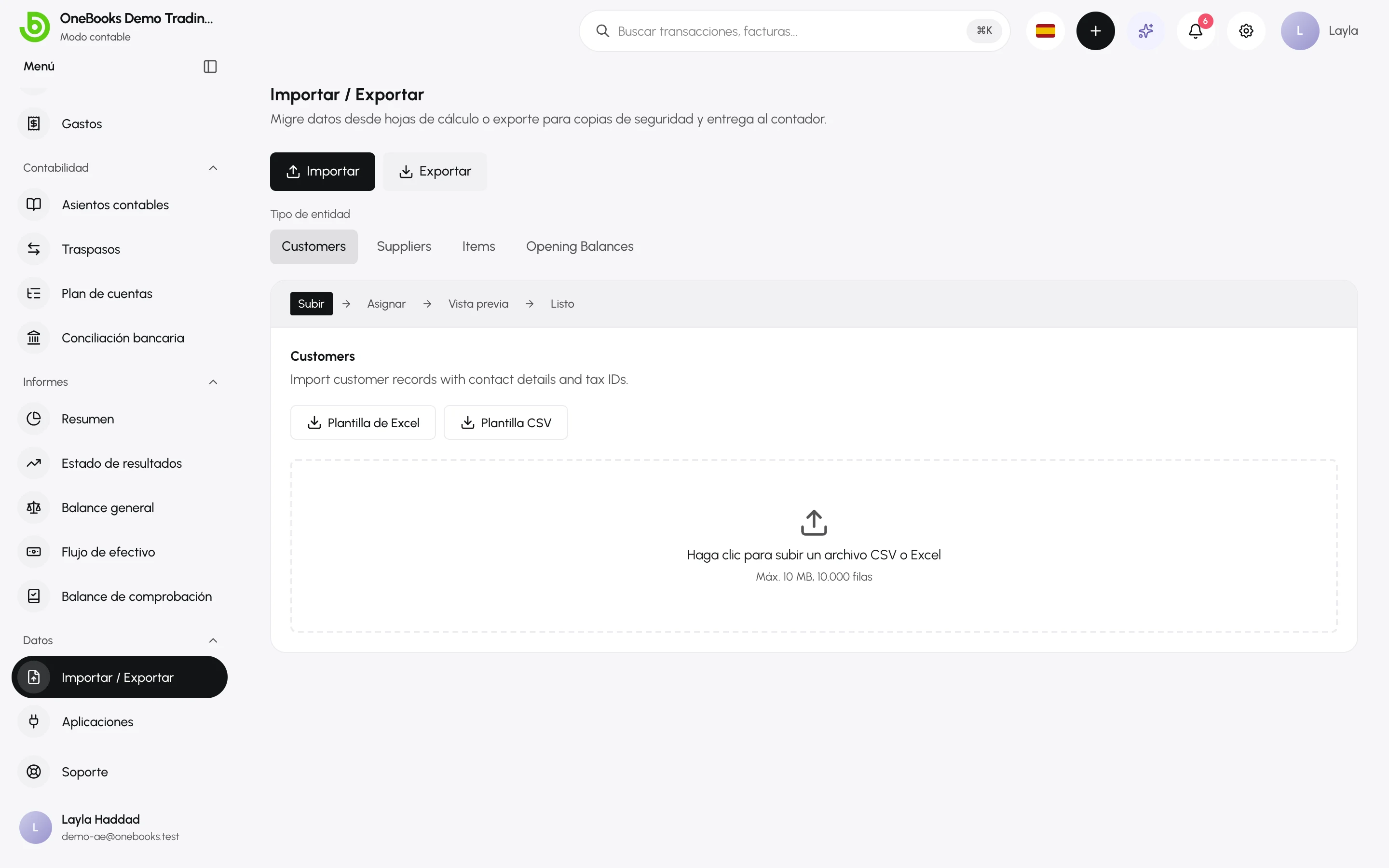 La pestaña Exportar con botones de Excel y CSV por entidad