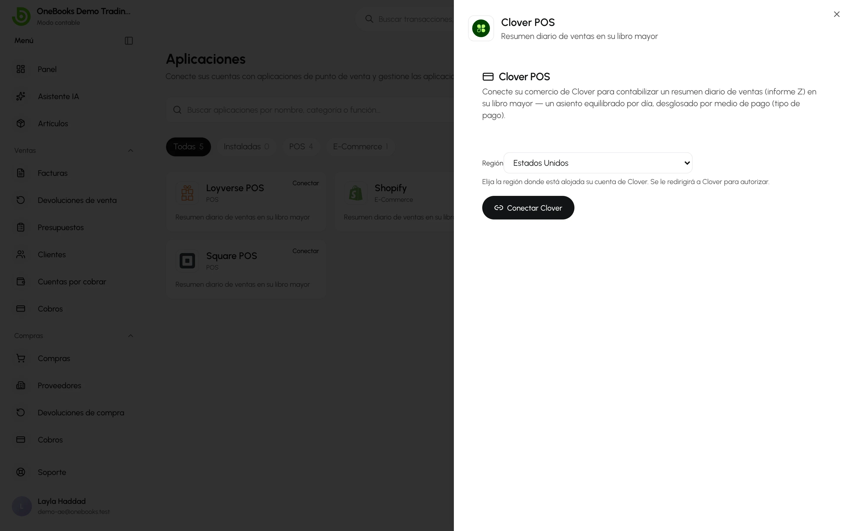 La página de conexión de Clover en Aplicaciones