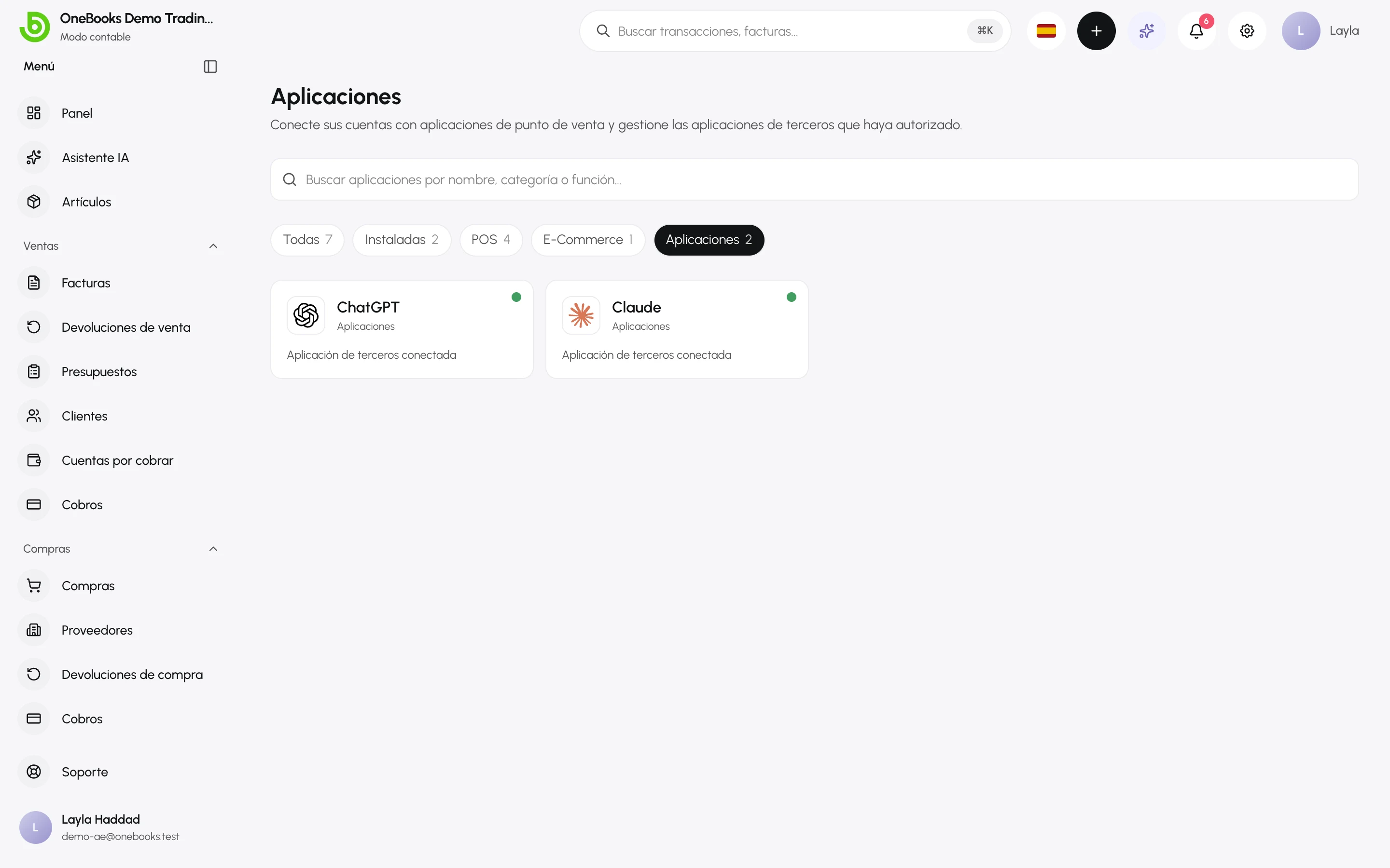 La página Aplicaciones filtrada por aplicaciones conectadas, con las tarjetas de Claude y ChatGPT