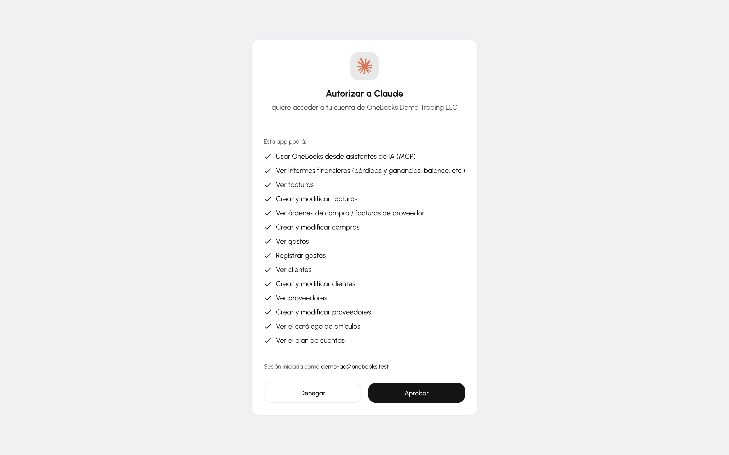 La pantalla de consentimiento de OneBooks para Claude con los permisos solicitados y los botones Aprobar y Denegar