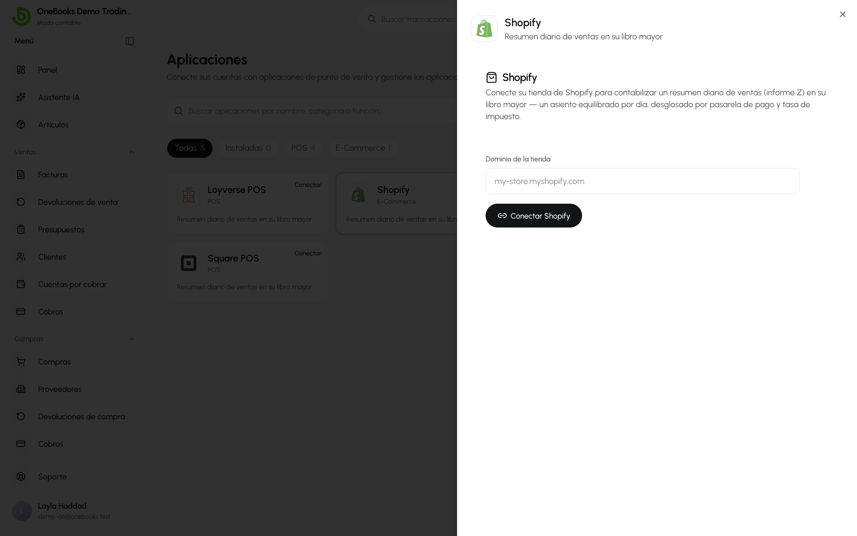 La página de conexión de Shopify en Aplicaciones