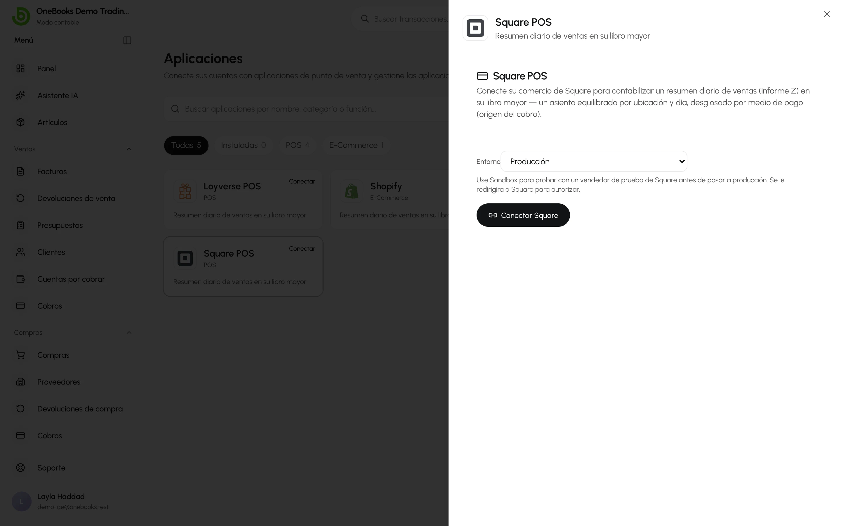 La página de conexión de Square en Aplicaciones