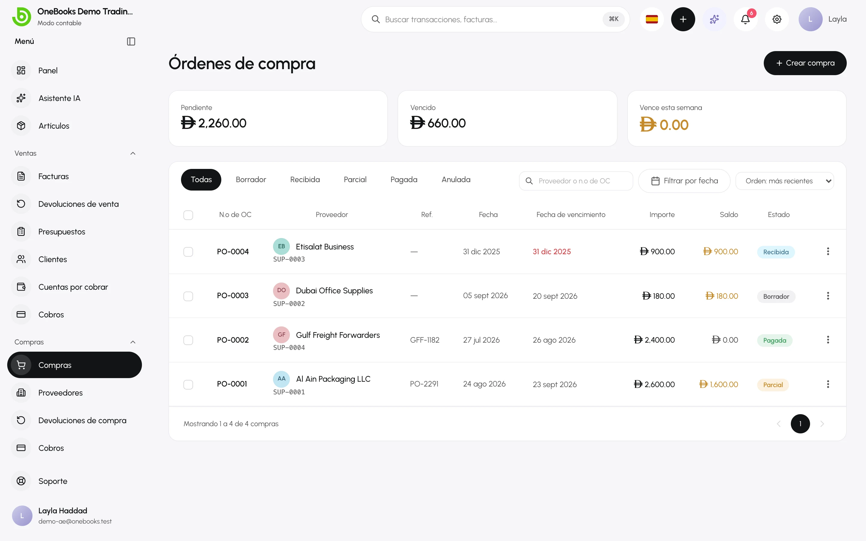 La lista de órdenes de compra con Crear compra y los filtros por estado