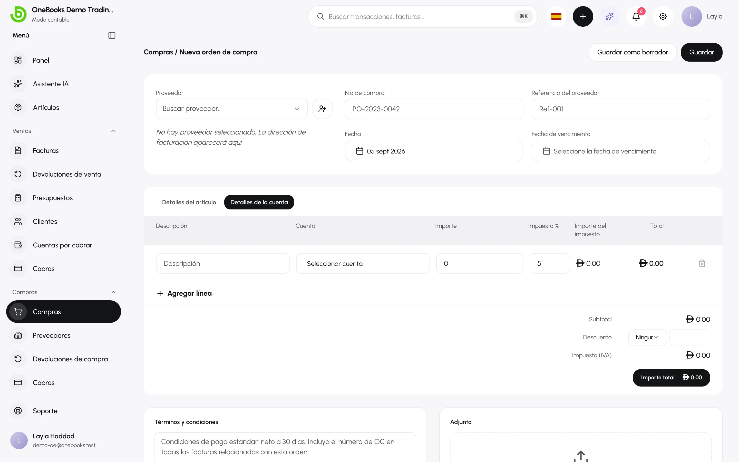 La pestaña Detalles de la cuenta con un selector de cuenta por línea