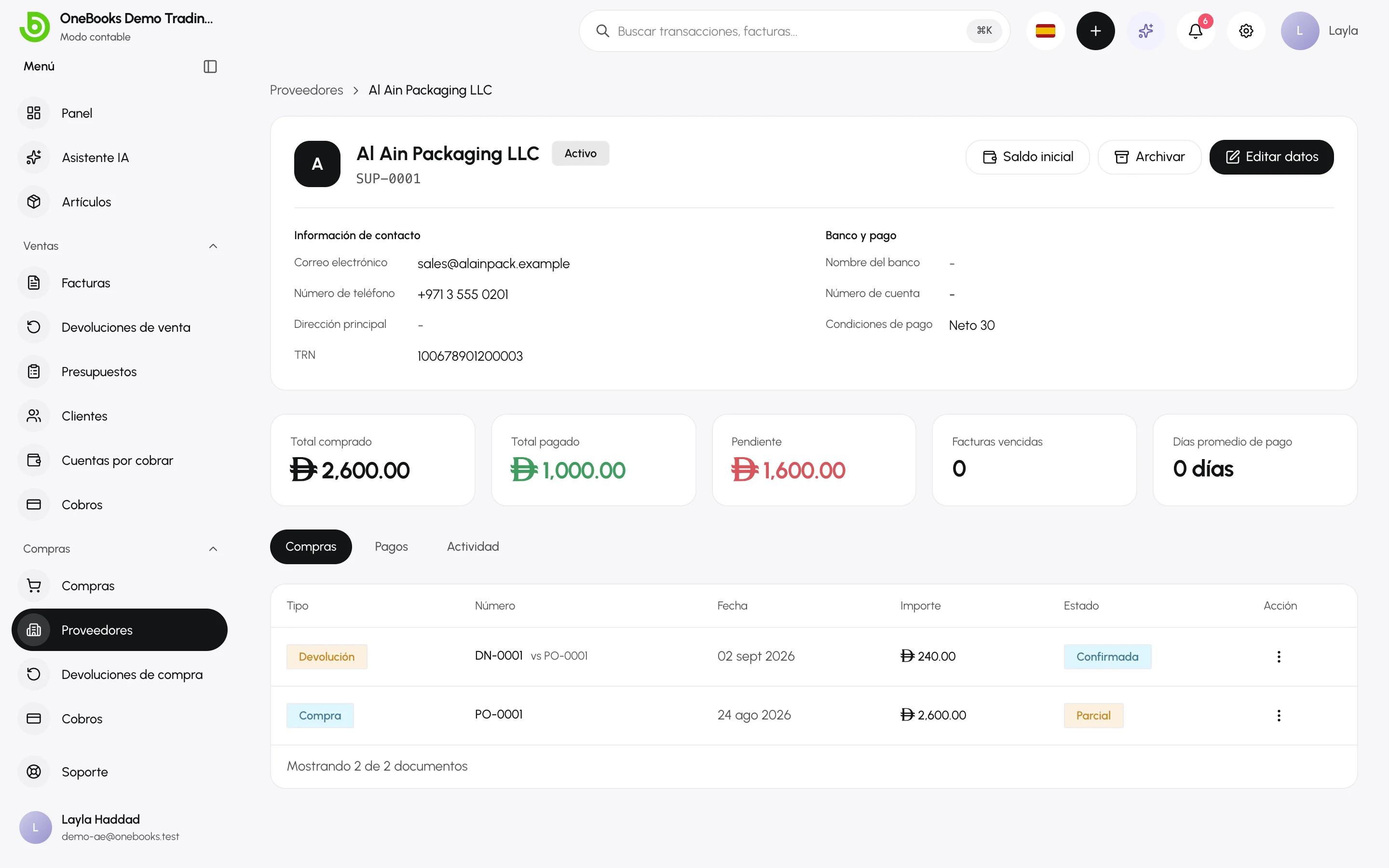 La página de un proveedor con saldo, compras, pagos y actividad
