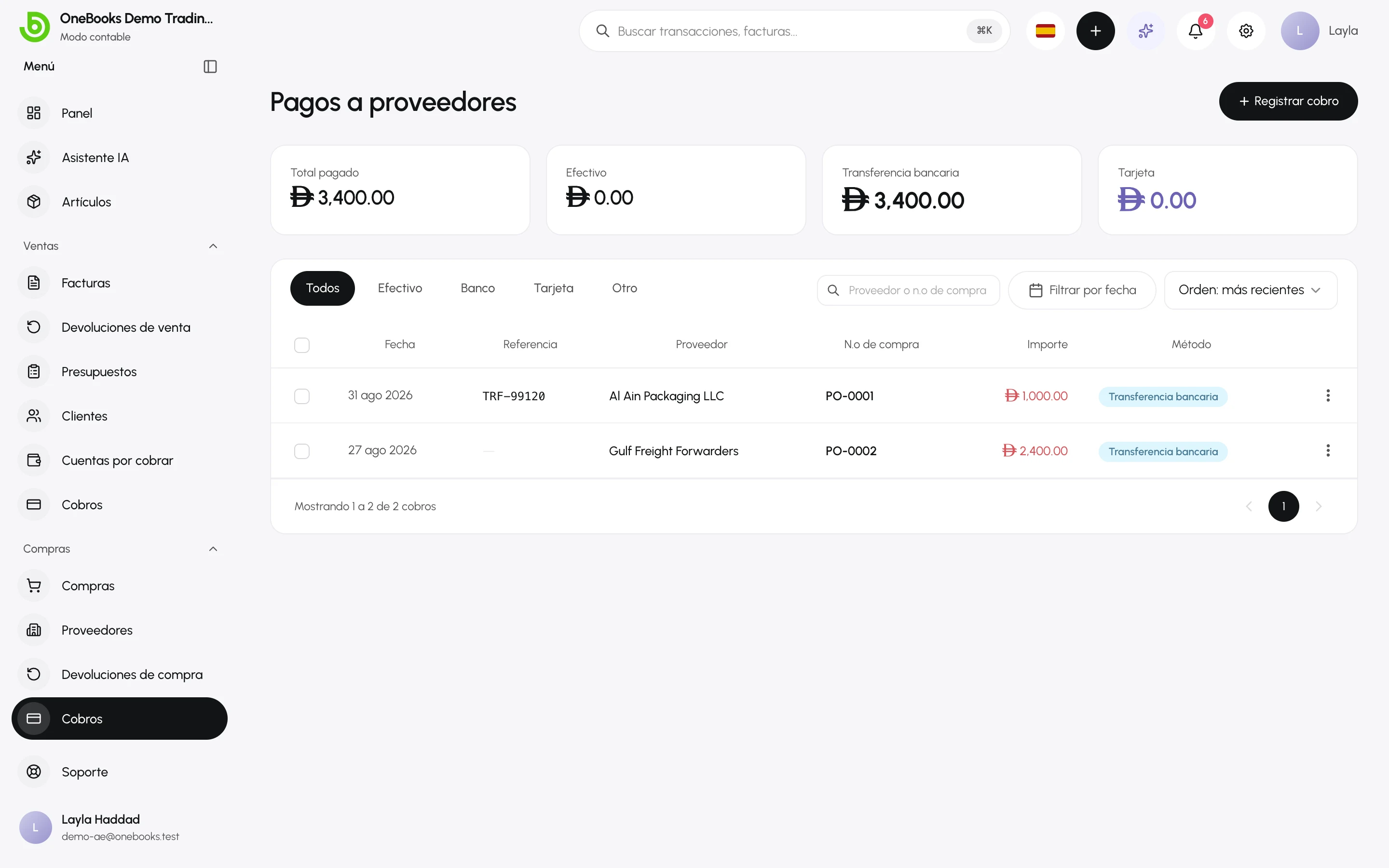 La lista de pagos a proveedores con los totales por método