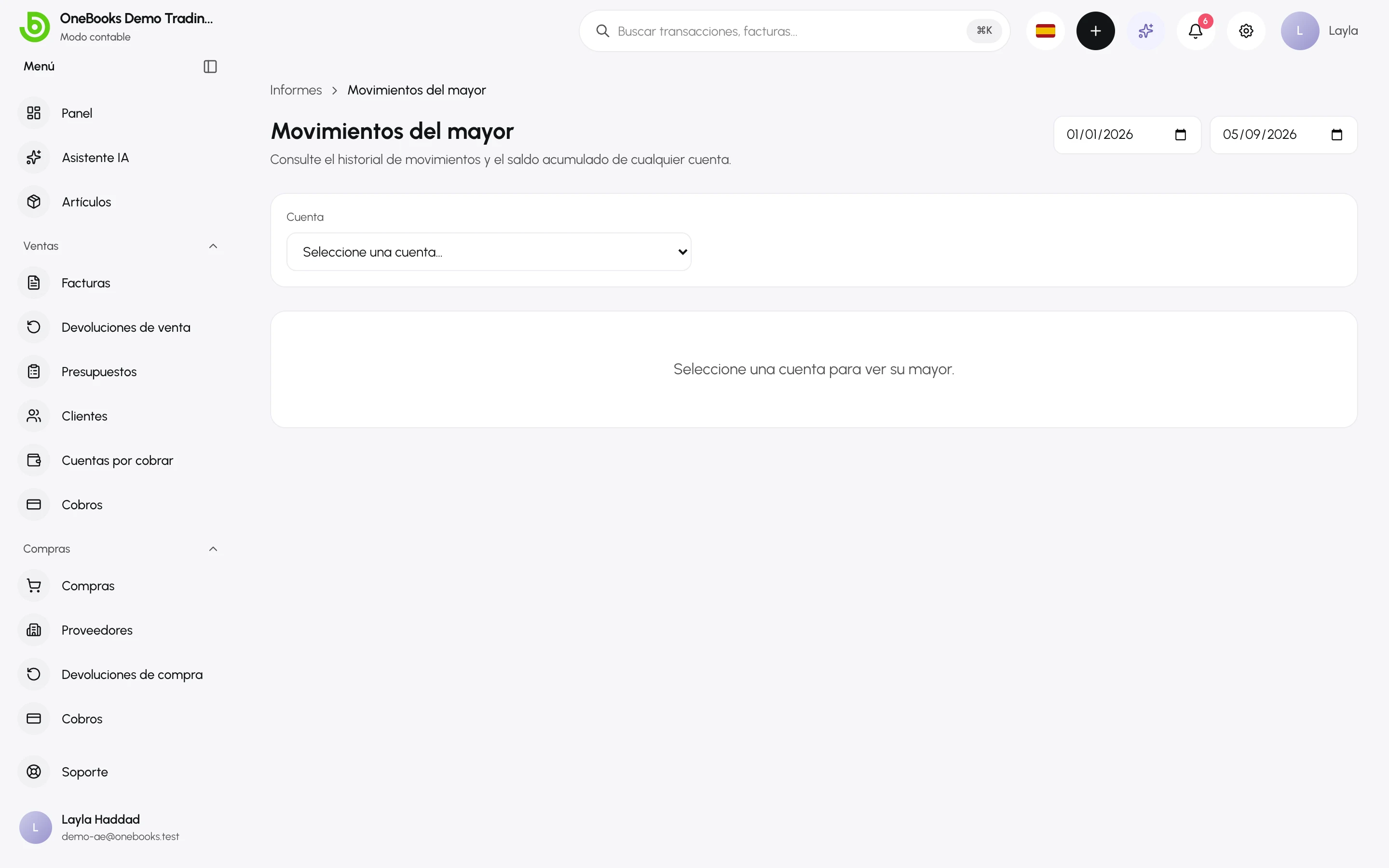 El informe de movimientos del mayor de una cuenta seleccionada con su saldo acumulado