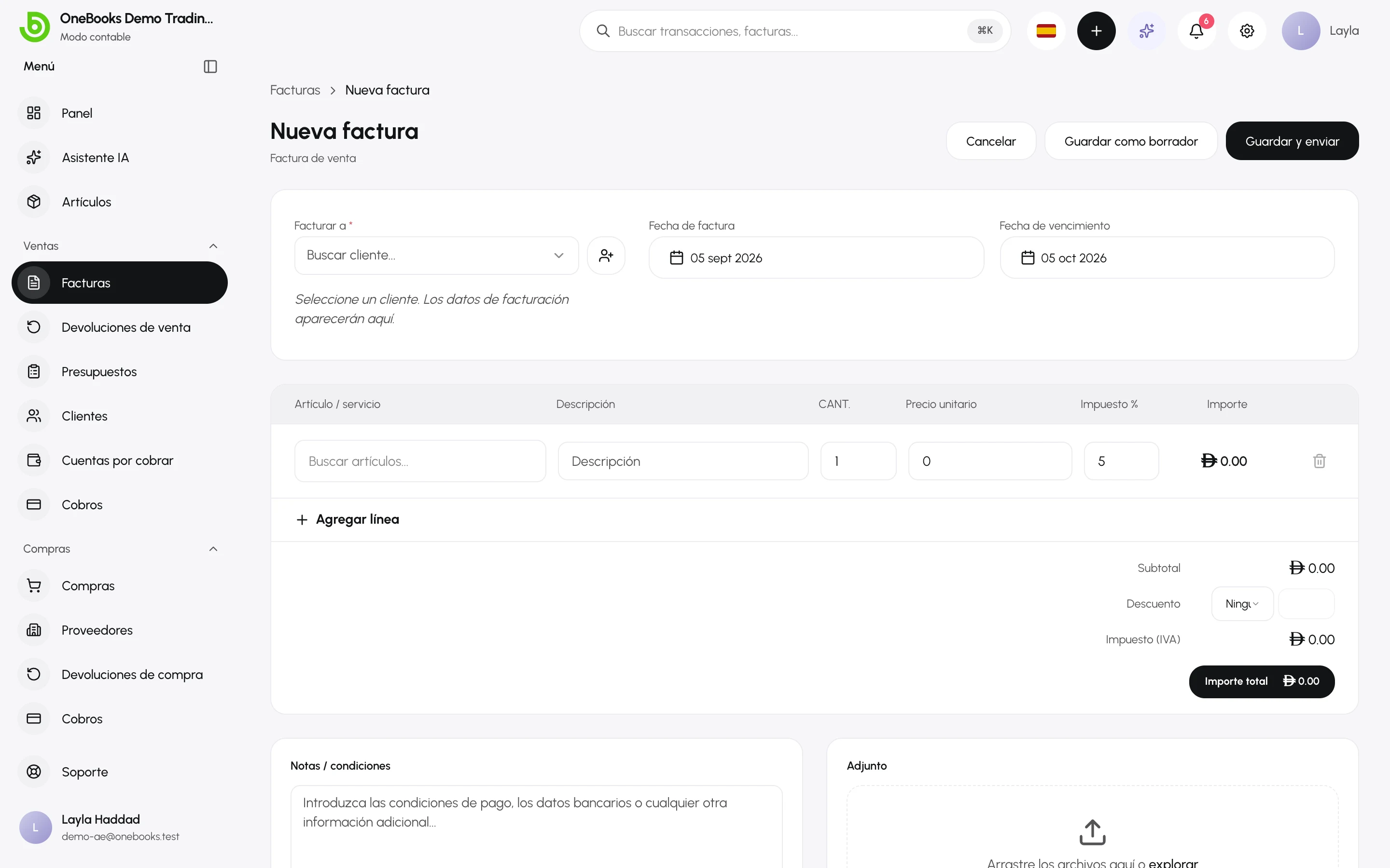 El formulario de nueva factura con Facturar a, fechas, líneas, descuento y totales