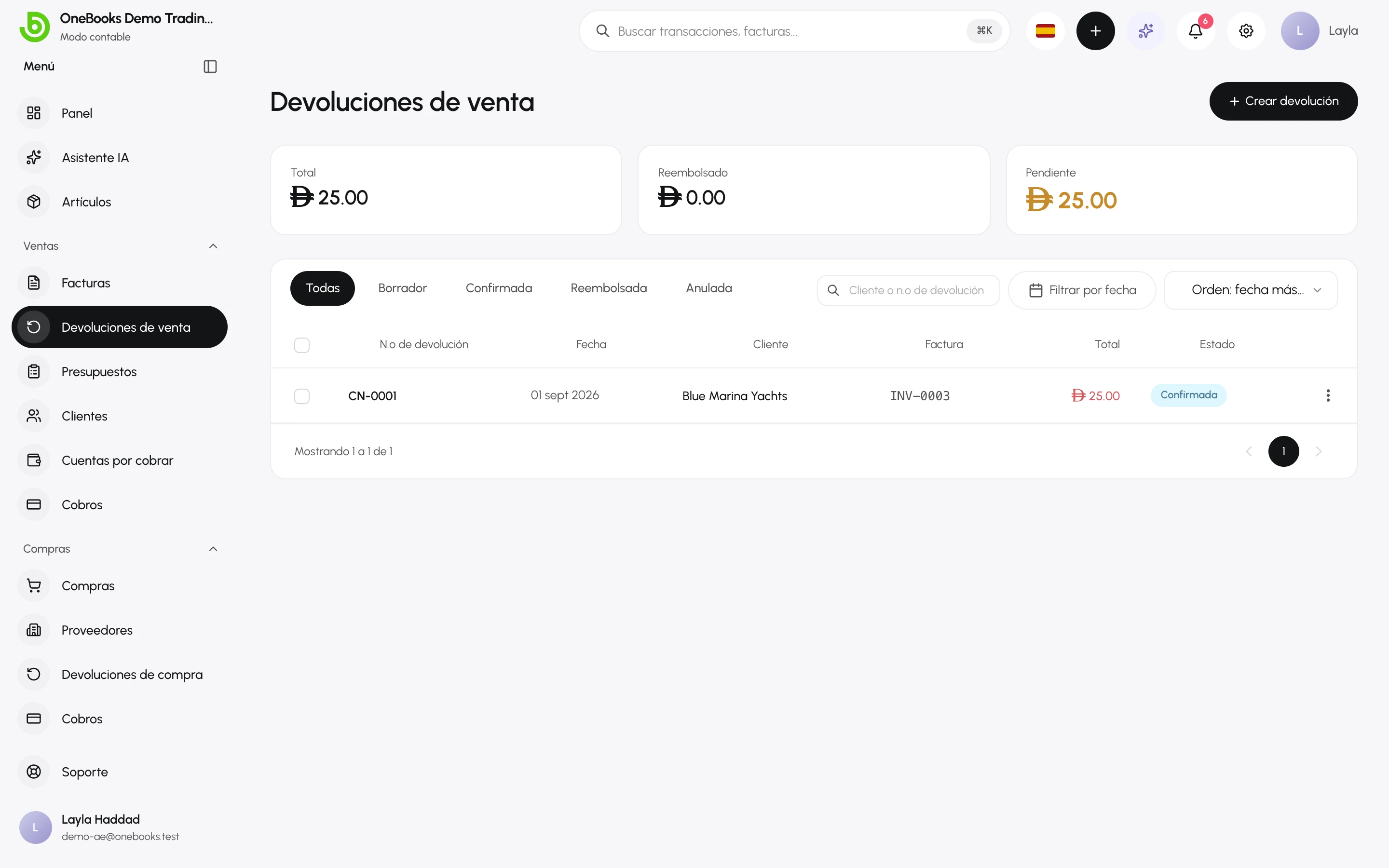 La lista de devoluciones de venta con estados y reembolsos pendientes