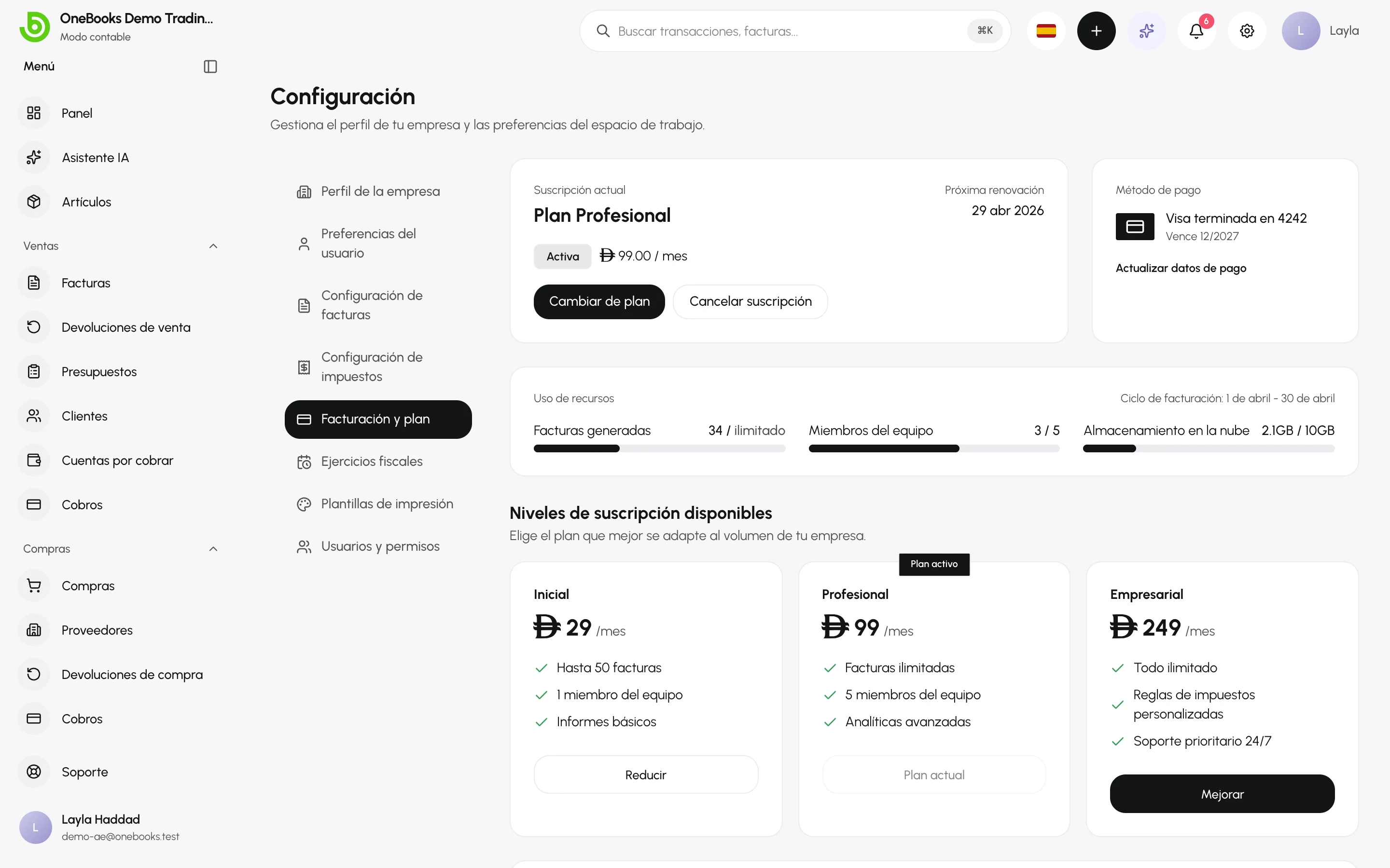La configuración de Facturación y plan con el plan actual y las opciones para mejorarlo