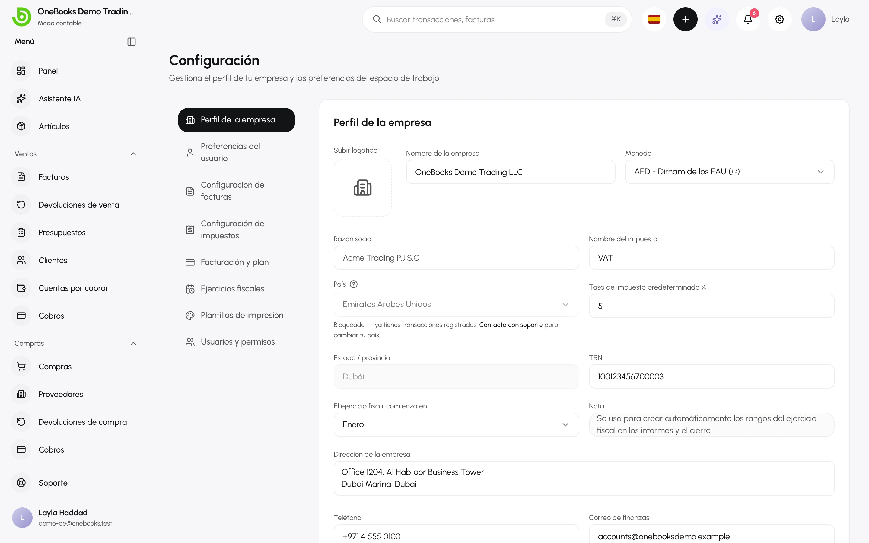 Configuración de empresa: logotipo, nombre, razón social, nombre del impuesto, país, NIF, inicio del ejercicio y dirección