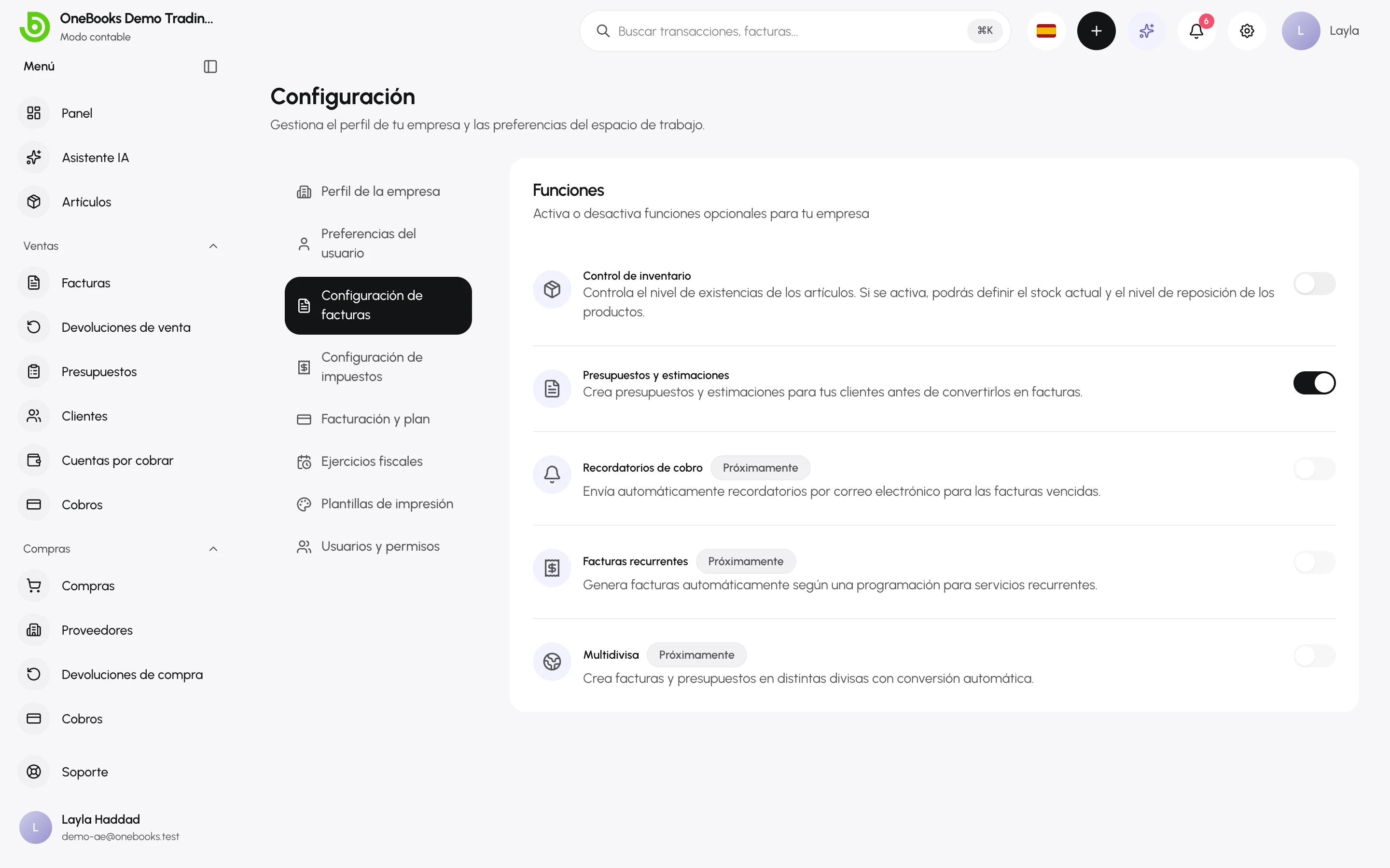 La página Configuración de facturas con los interruptores de funciones