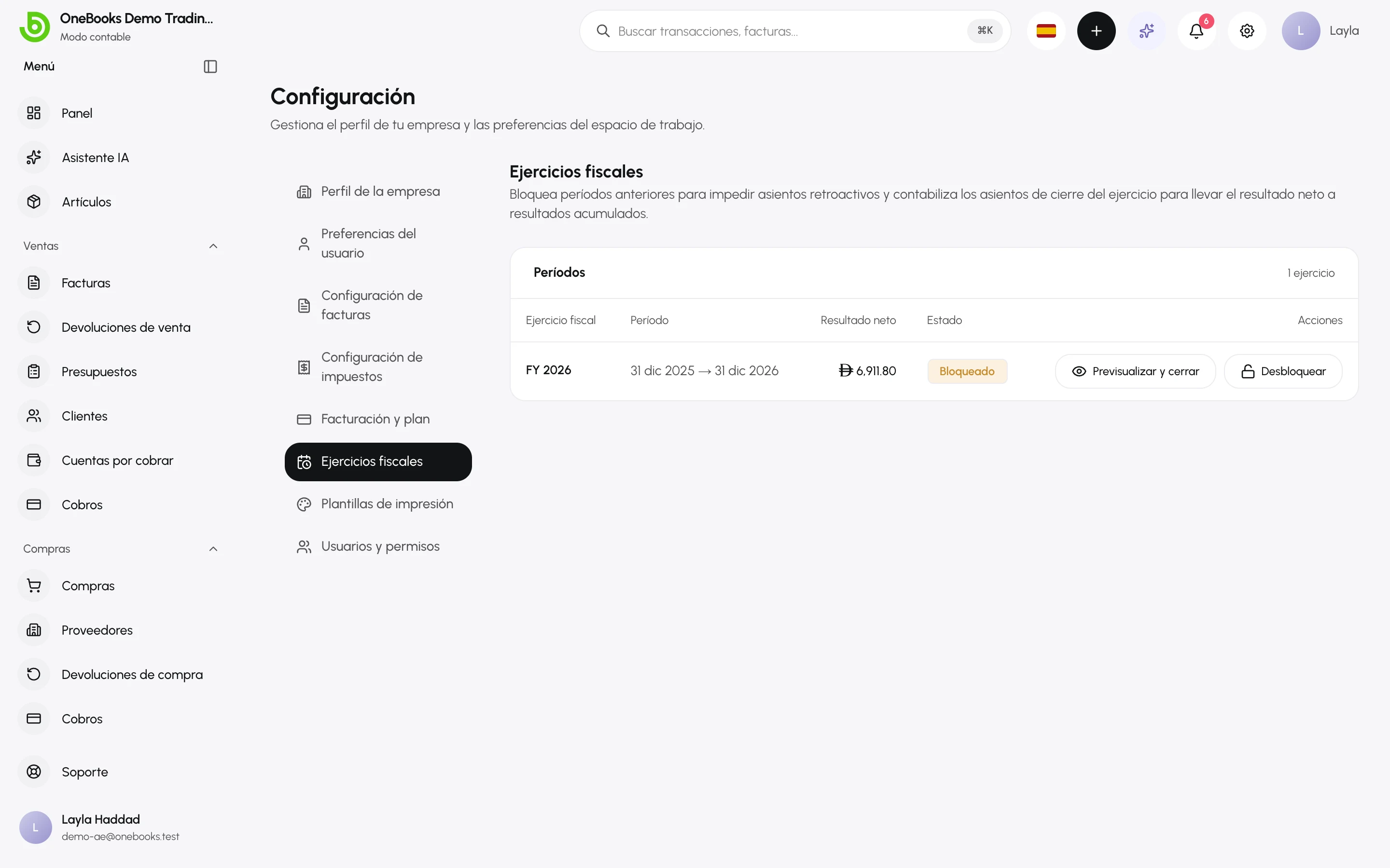 Un ejercicio fiscal mostrado como Bloqueado con la acción Desbloquear