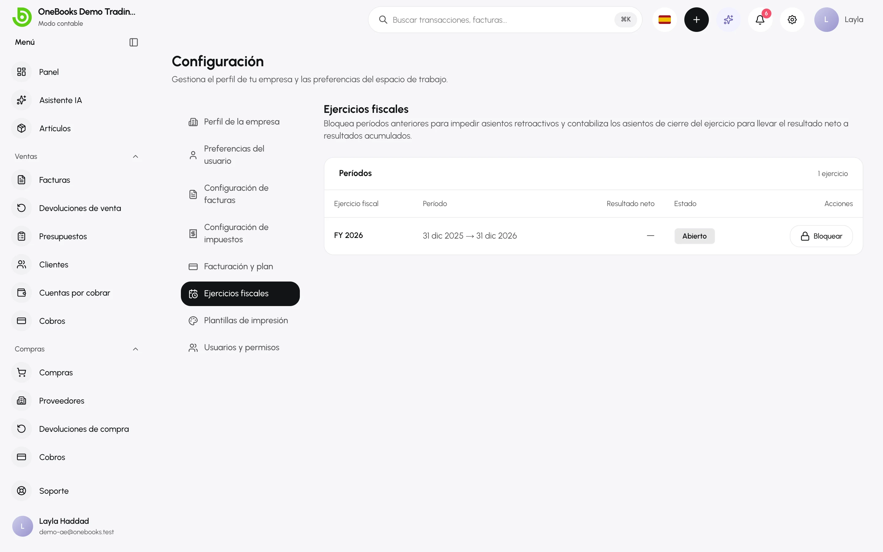 Lista de ejercicios fiscales con el actual como Abierto y las acciones Bloquear y Previsualizar y cerrar