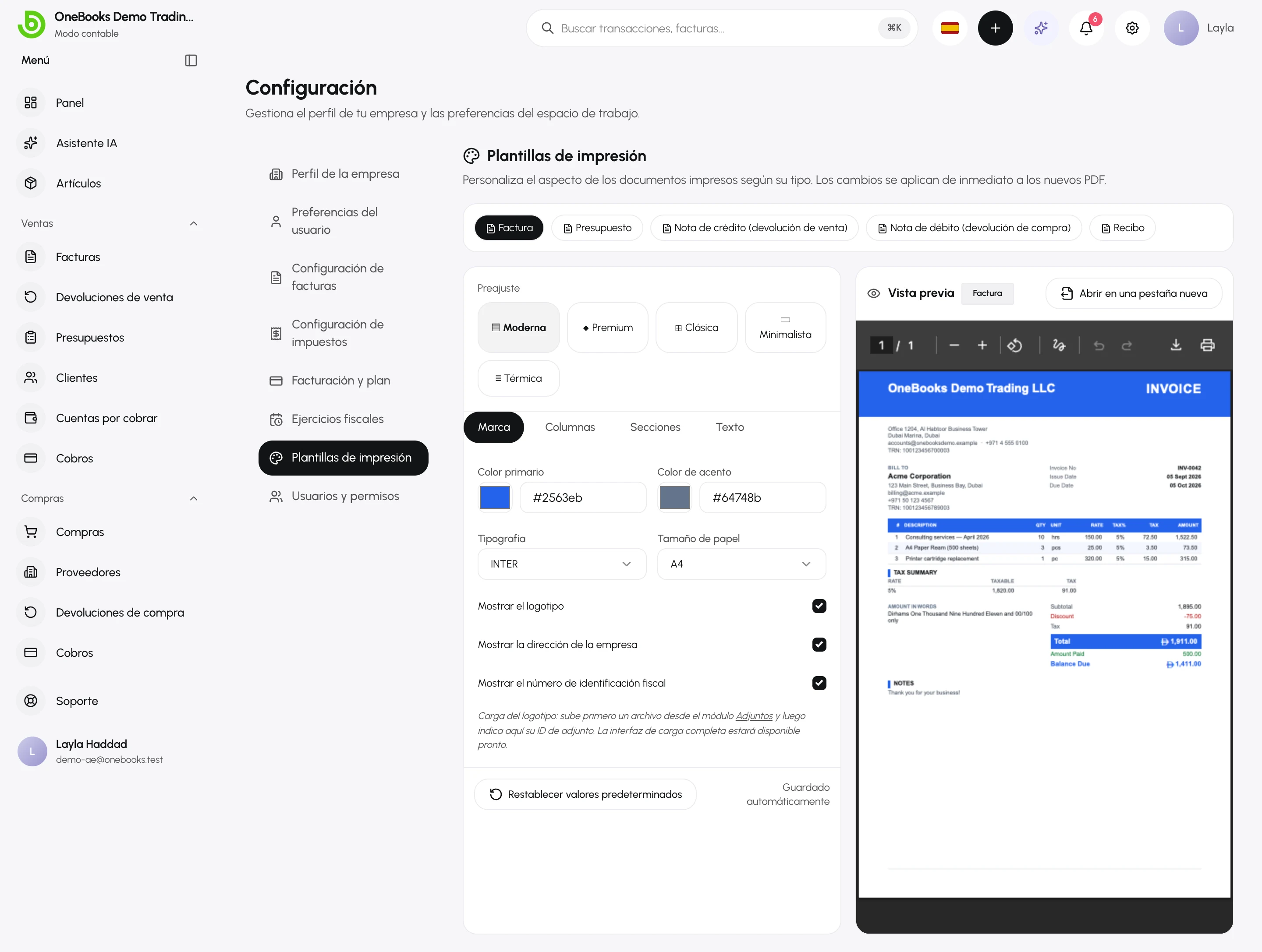 El editor de plantillas con diseño predefinido, fuente, tamaño de papel, logotipo y una vista previa en vivo