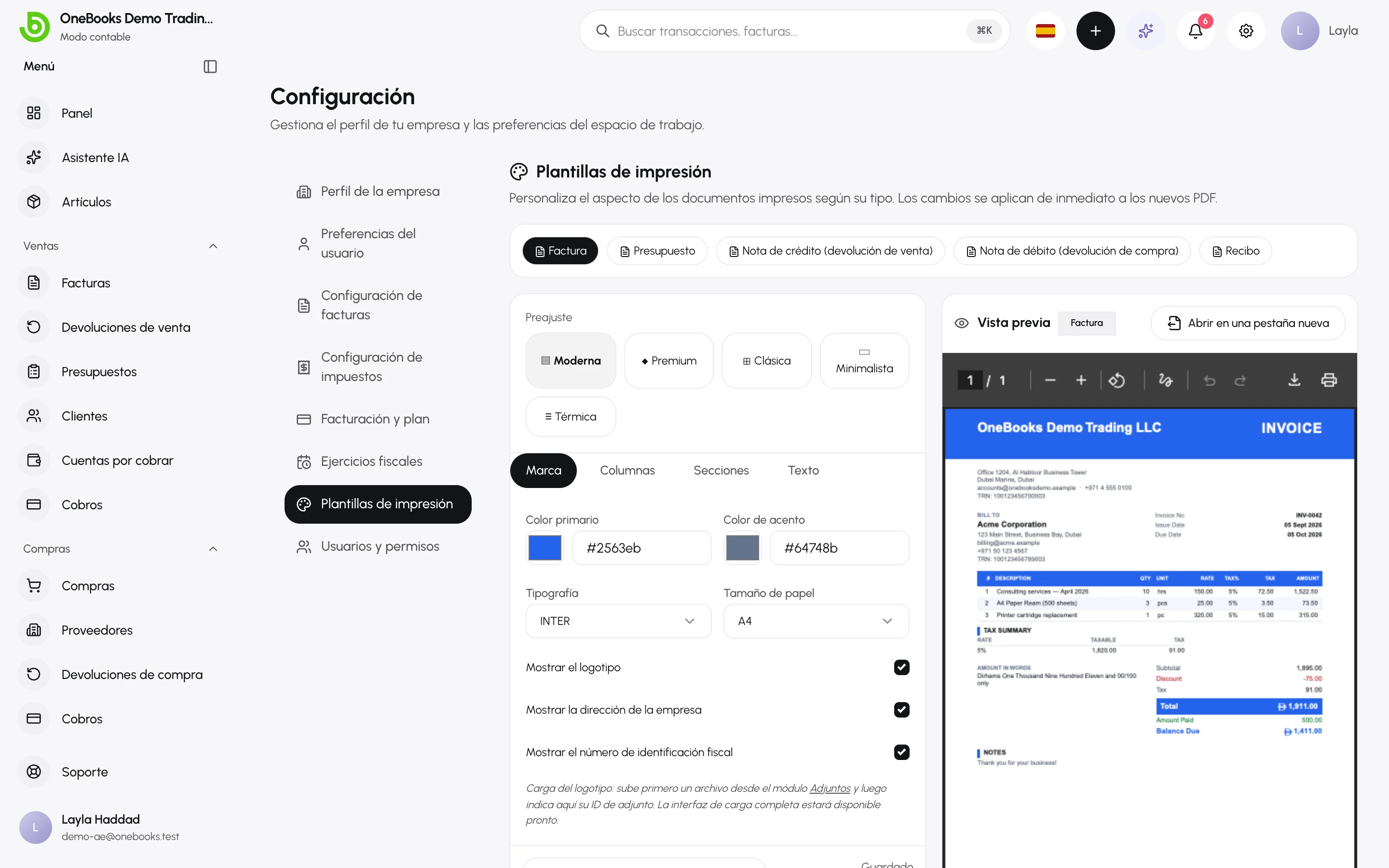 La configuración de Plantillas de impresión con una tarjeta por tipo de documento
