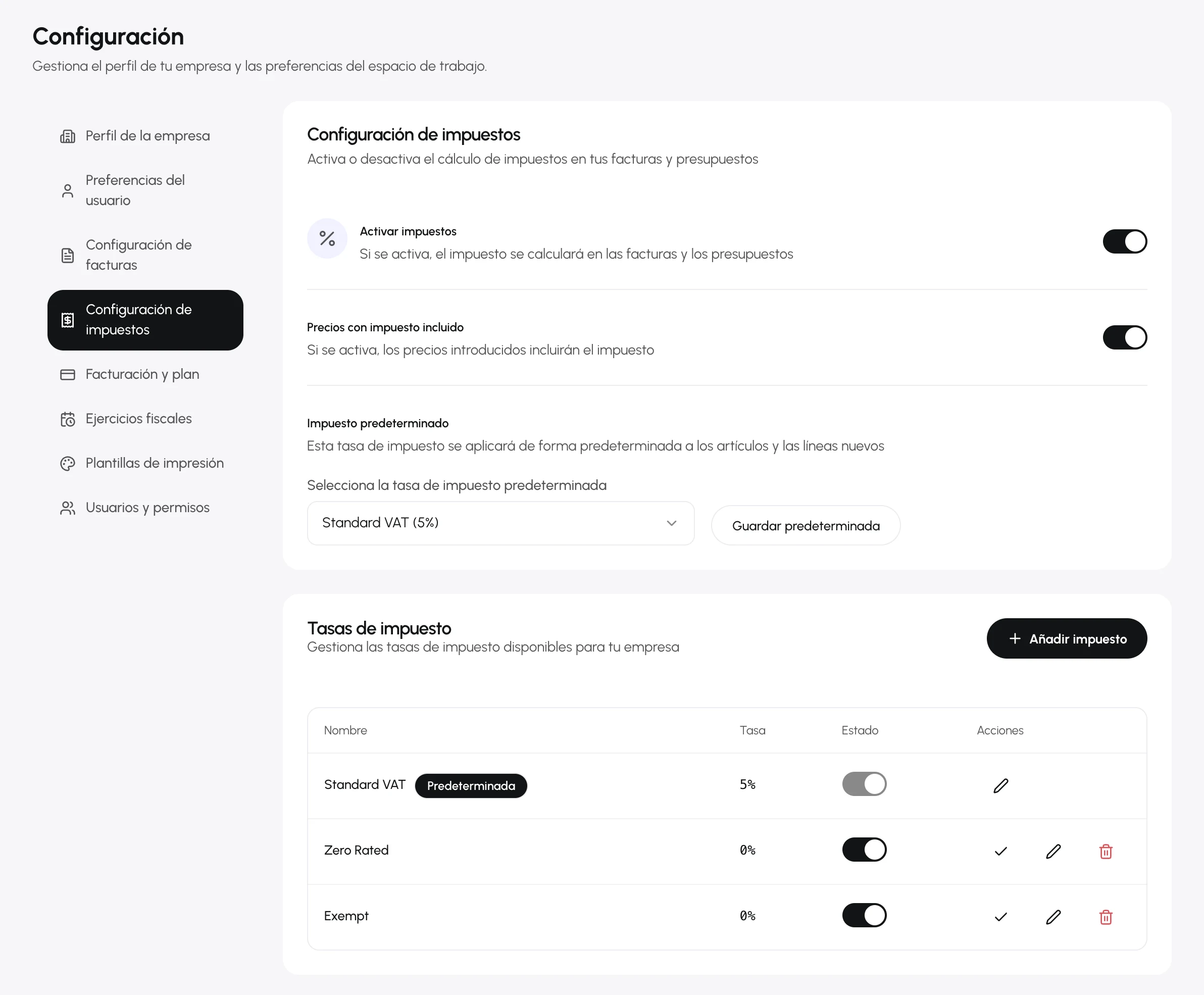 La tarjeta de configuración de impuestos con el interruptor Precios con impuesto incluido