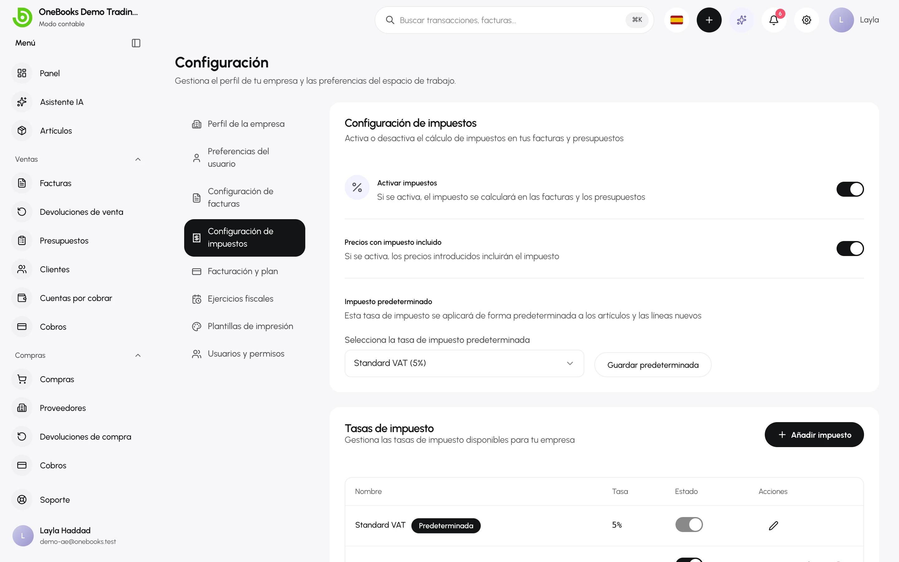 Configuración de impuestos con Activar impuestos, Precios con impuesto incluido, Impuesto predeterminado y la tabla de tasas
