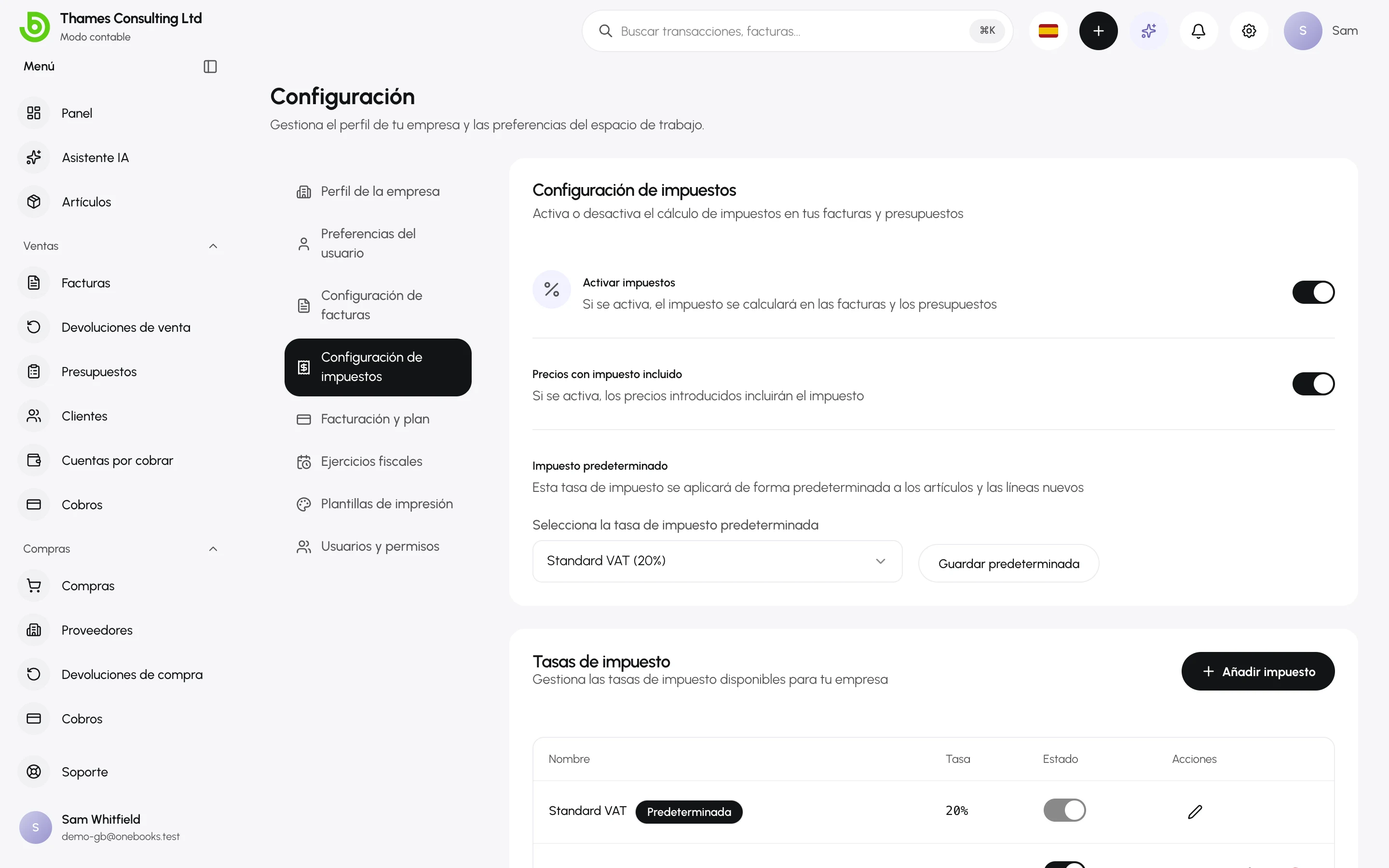 Configuración de impuestos de una empresa del Reino Unido con IVA del 20%