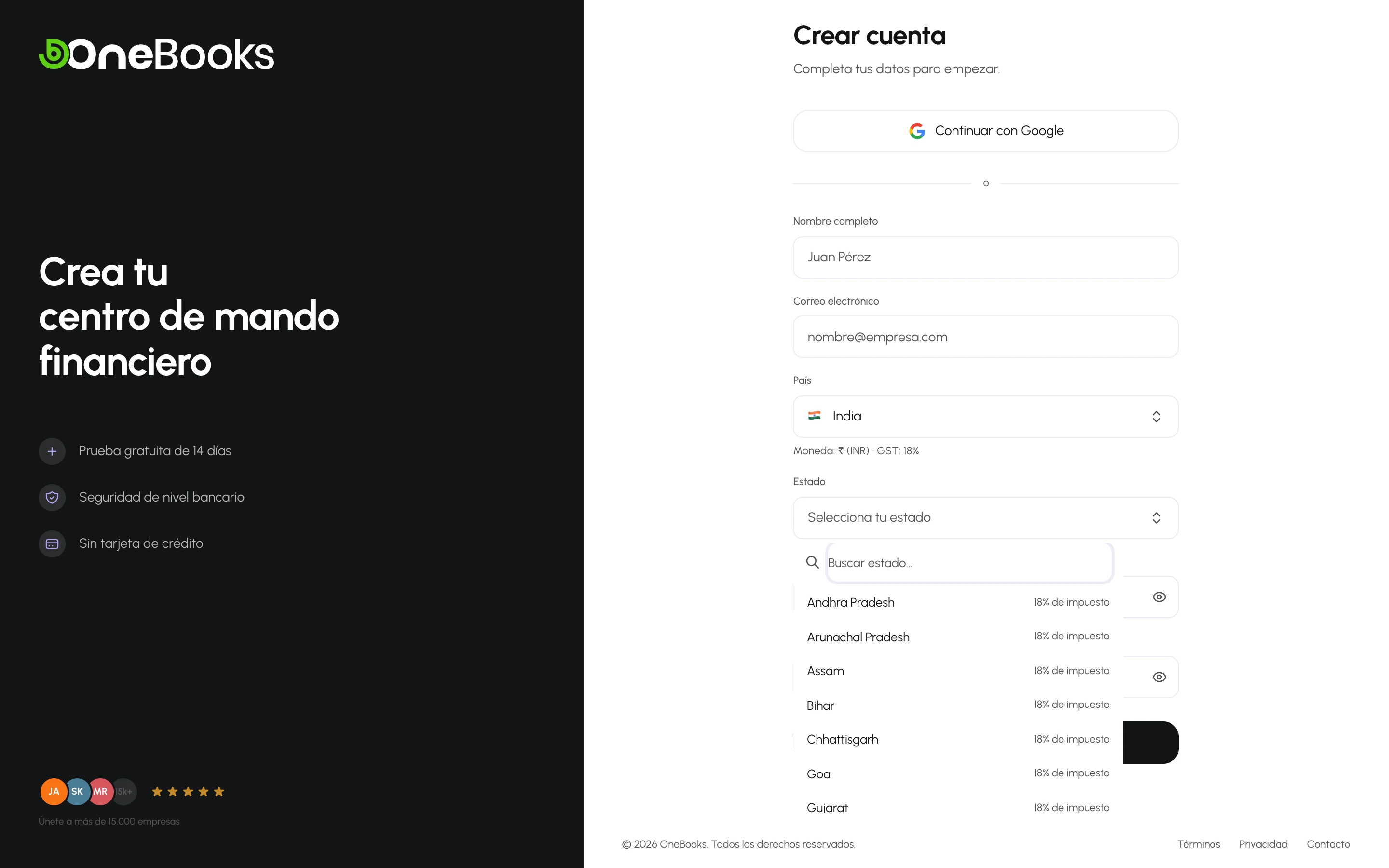 El selector de estado en el formulario de registro de una empresa india