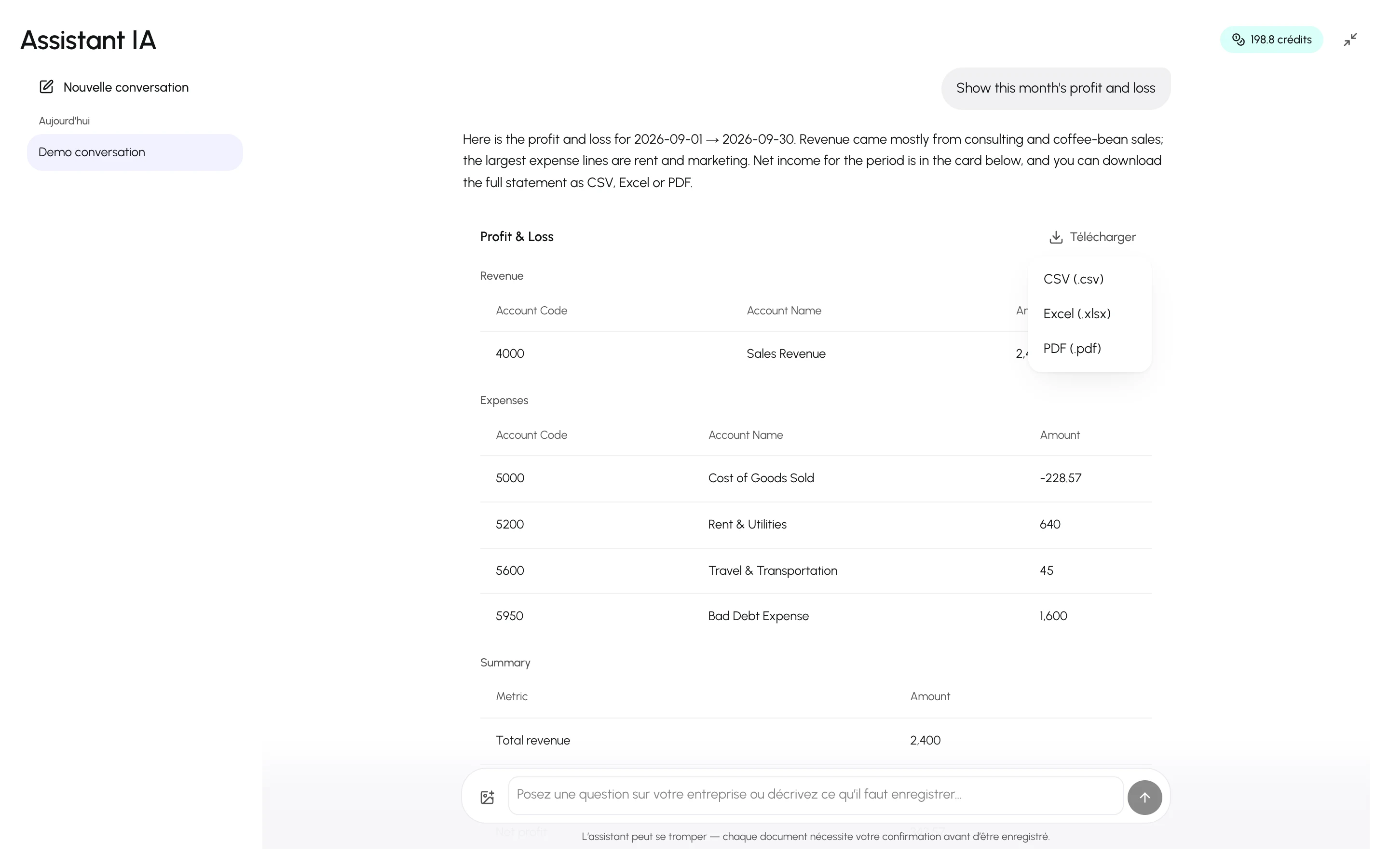 Le menu Télécharger ouvert sur une carte de rapport, avec les options CSV, Excel et PDF