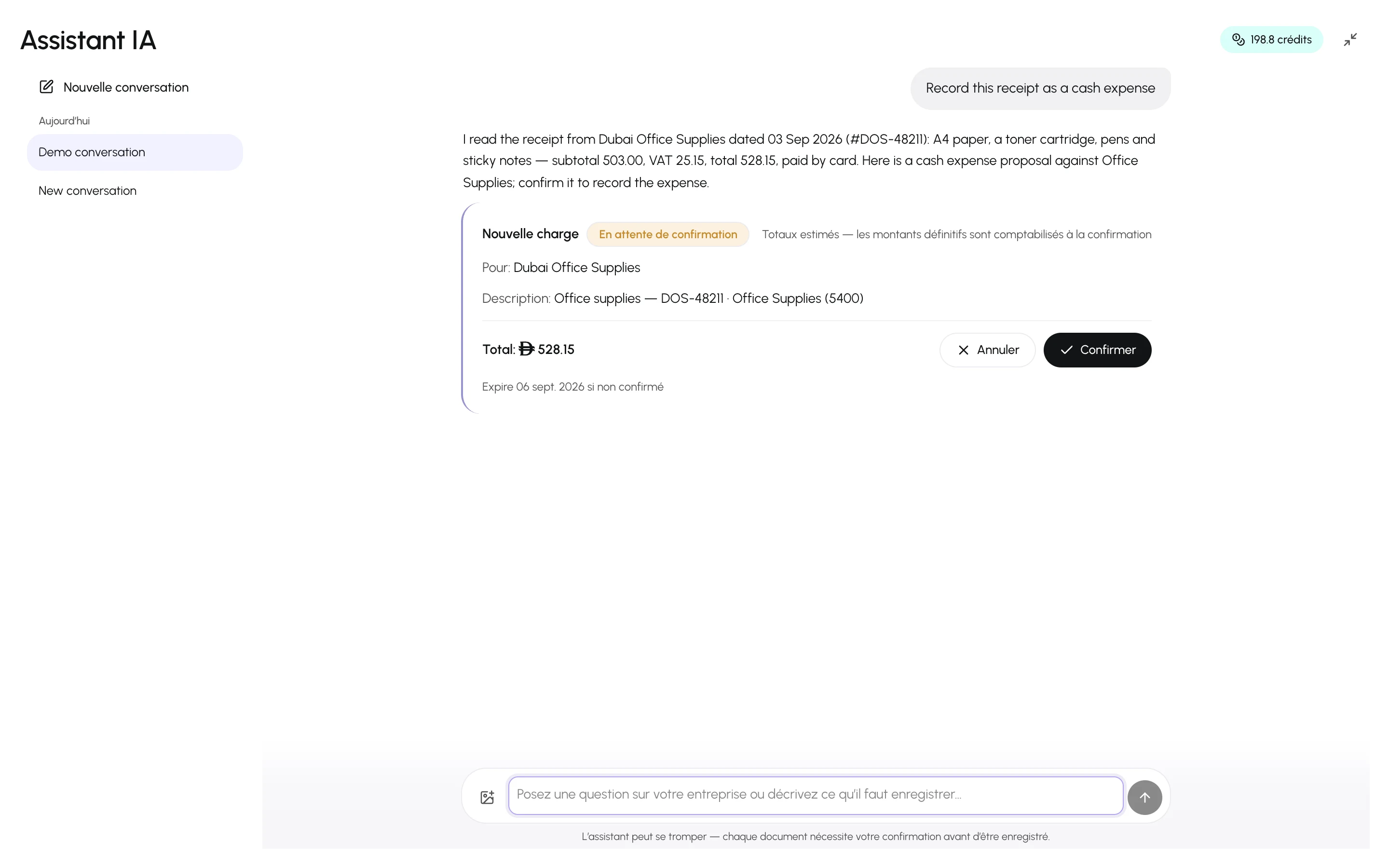 La zone de saisie avec l’image d’un reçu jointe et la proposition de l’assistant