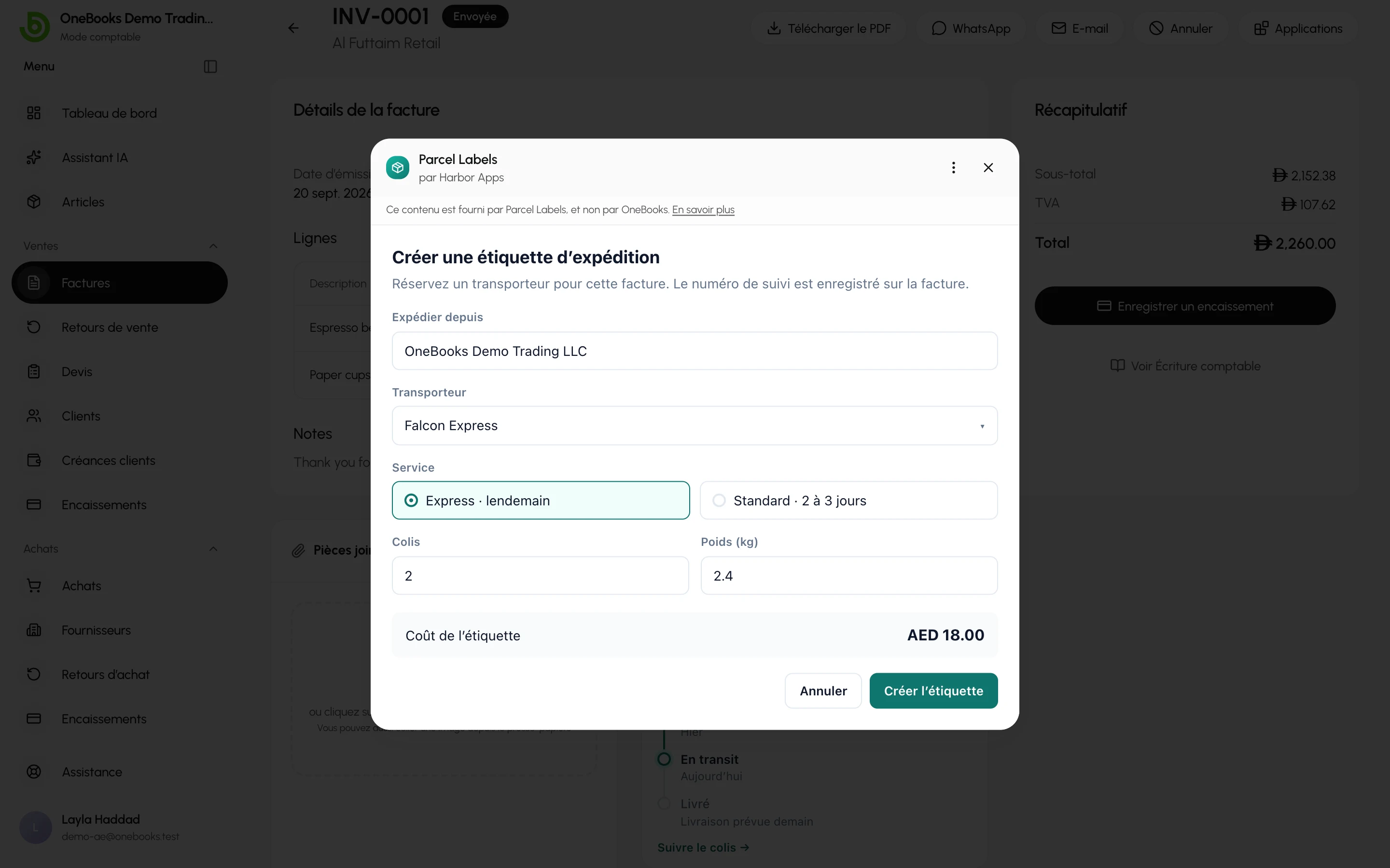 L’action d’une application dans une boîte de dialogue au-dessus de la facture, avec son nom et son développeur, la mention de l’éditeur du contenu et Fermer