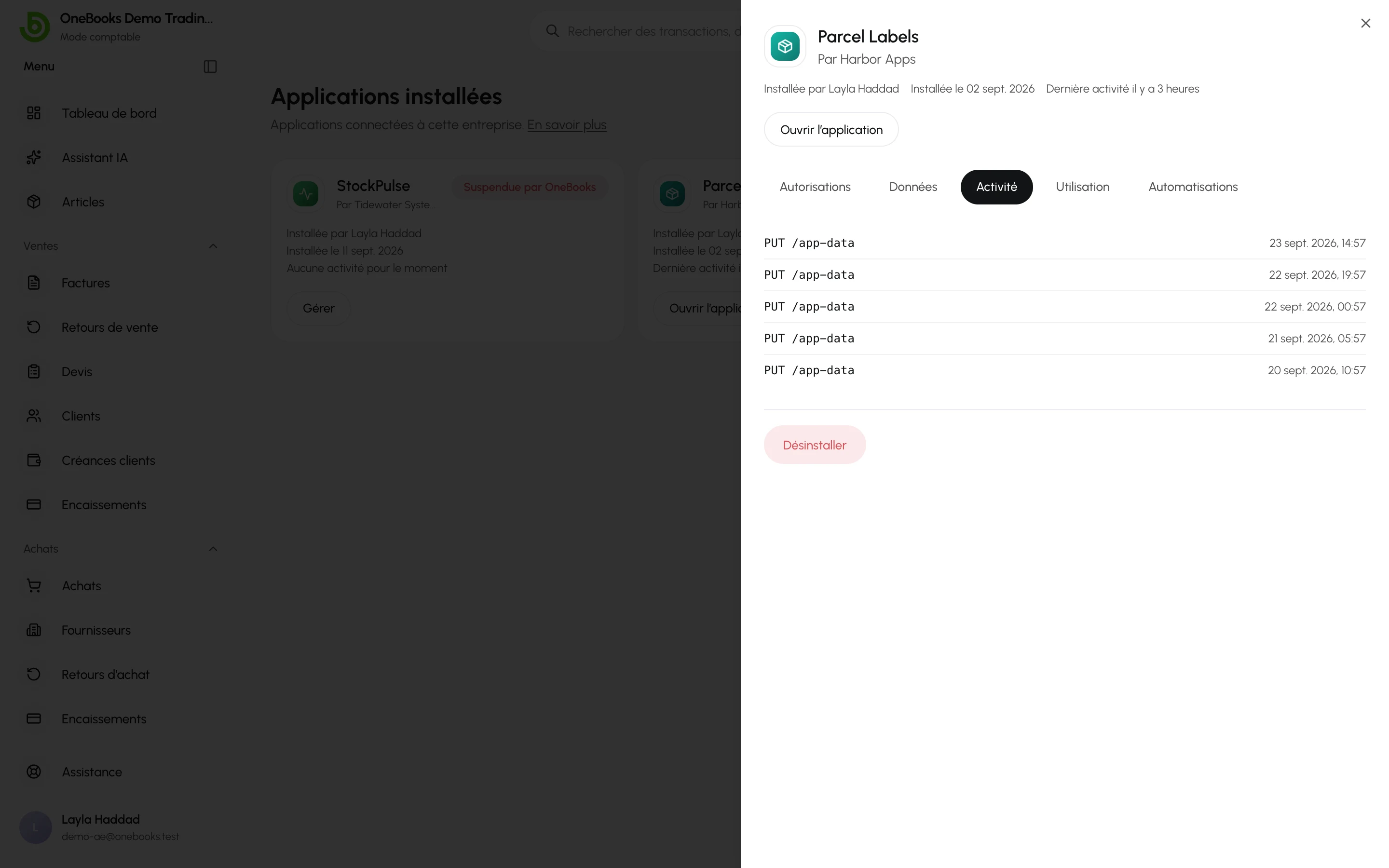 L’onglet Activité liste chaque modification faite par l’application, avec la date et l’heure