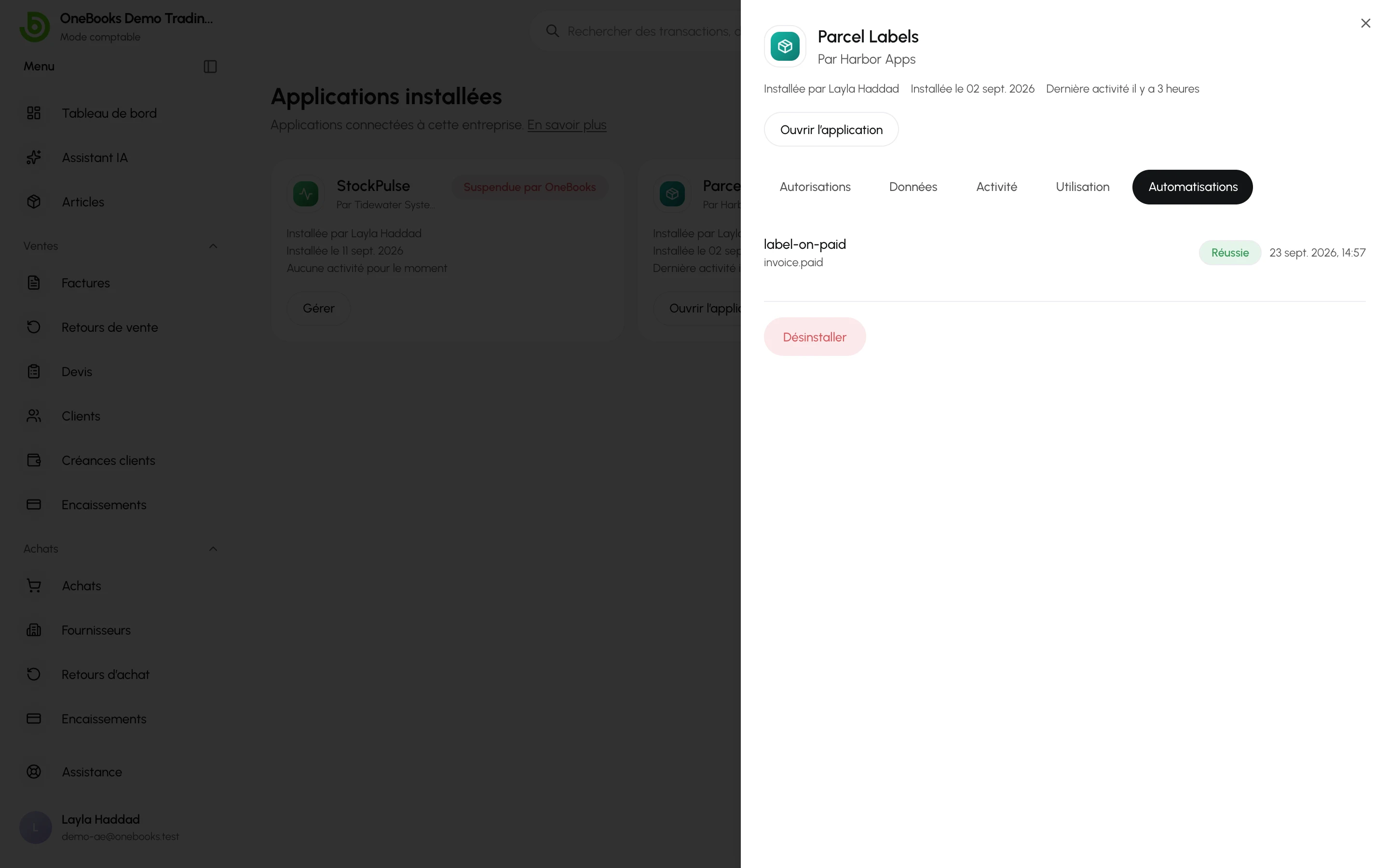 L’onglet Automatisations avec une exécution déclenchée par invoice.paid, marquée Réussie