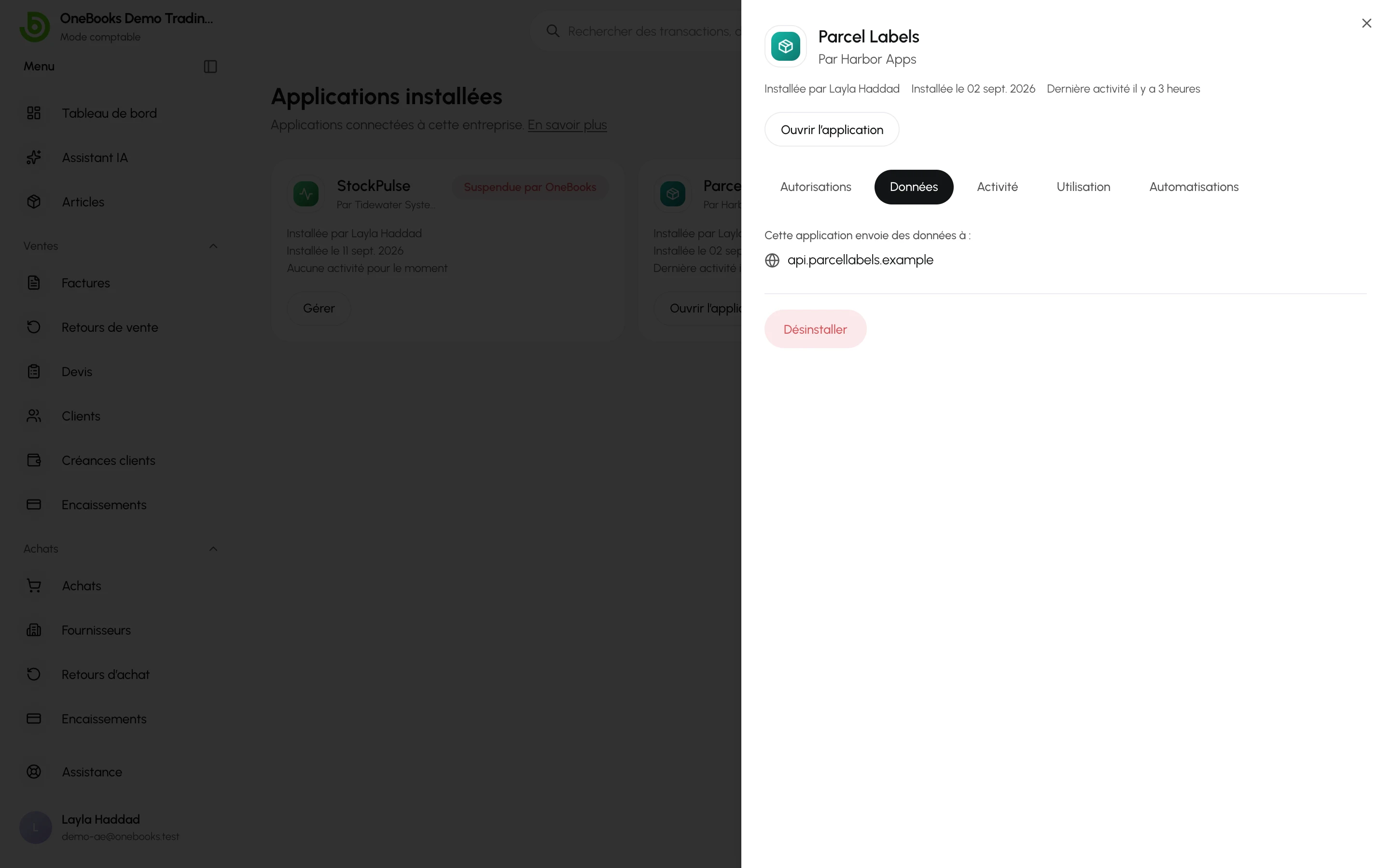 L’onglet Données avec la destination externe à laquelle les automatisations de l’application peuvent envoyer des données