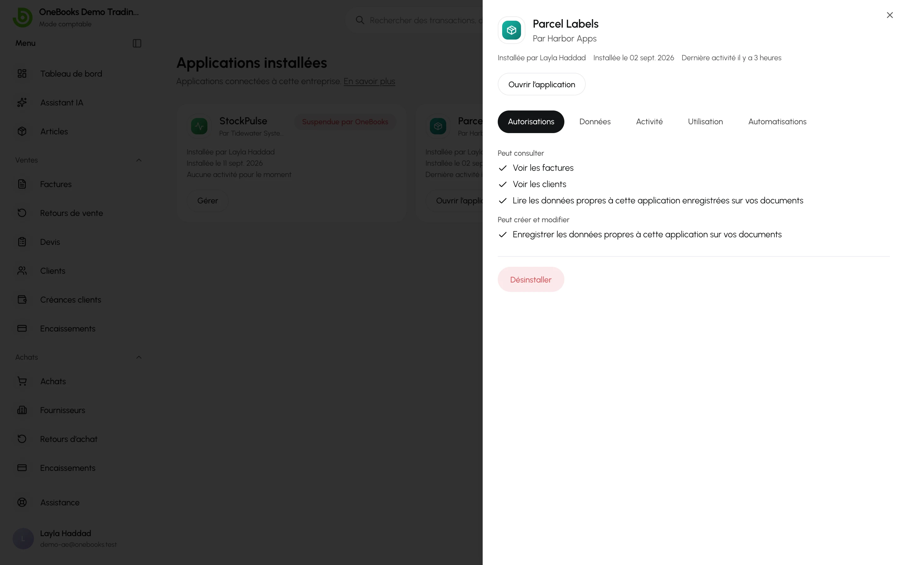 Le panneau de gestion d’une application sur l’onglet Autorisations, avec Ouvrir l’application et Désinstaller