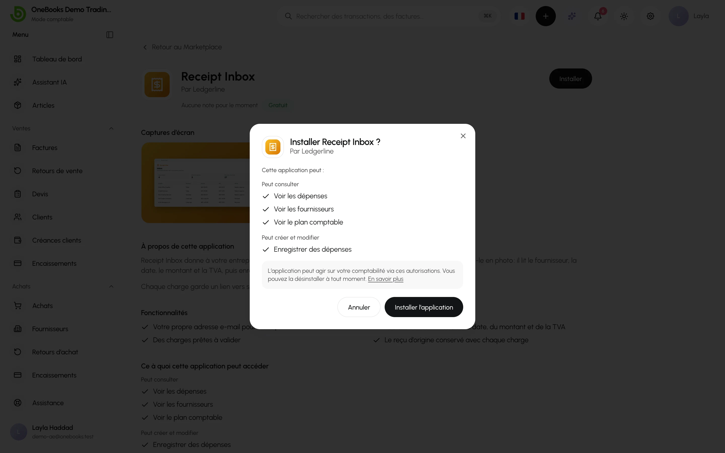 La boîte de dialogue d’installation de Receipt Inbox : ce que l’application peut faire, la remarque sur la désinstallation, et Annuler ou Installer l’application